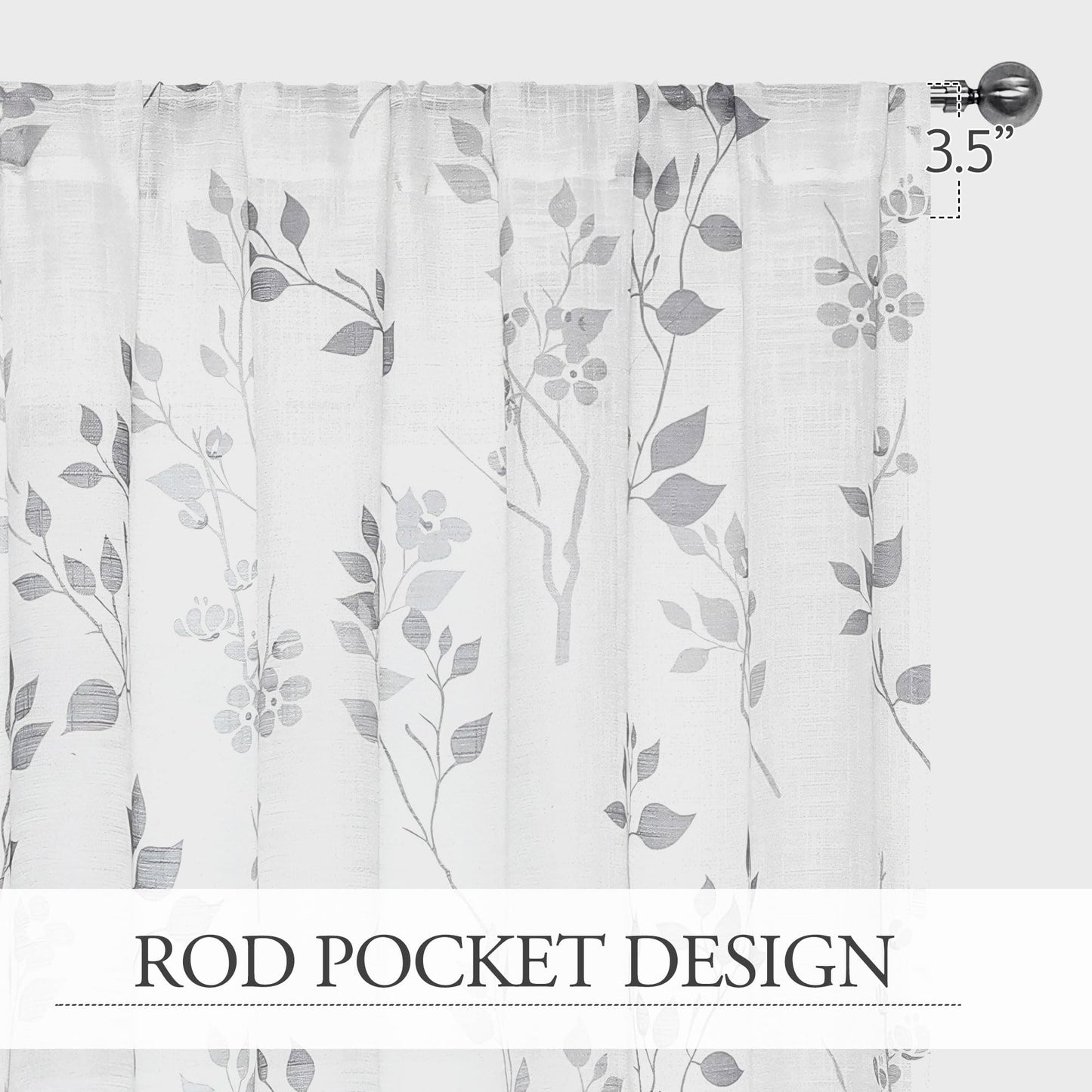 Beauoop Floral Linen Semi Sheer Curtains 54 Inches Long 2 Panels for Living Room Bedroom Grey Farmhouse Flower Patterned Light Filtering Textured Rod Pocket Window Treatments Drapes, 50x54 2 Set