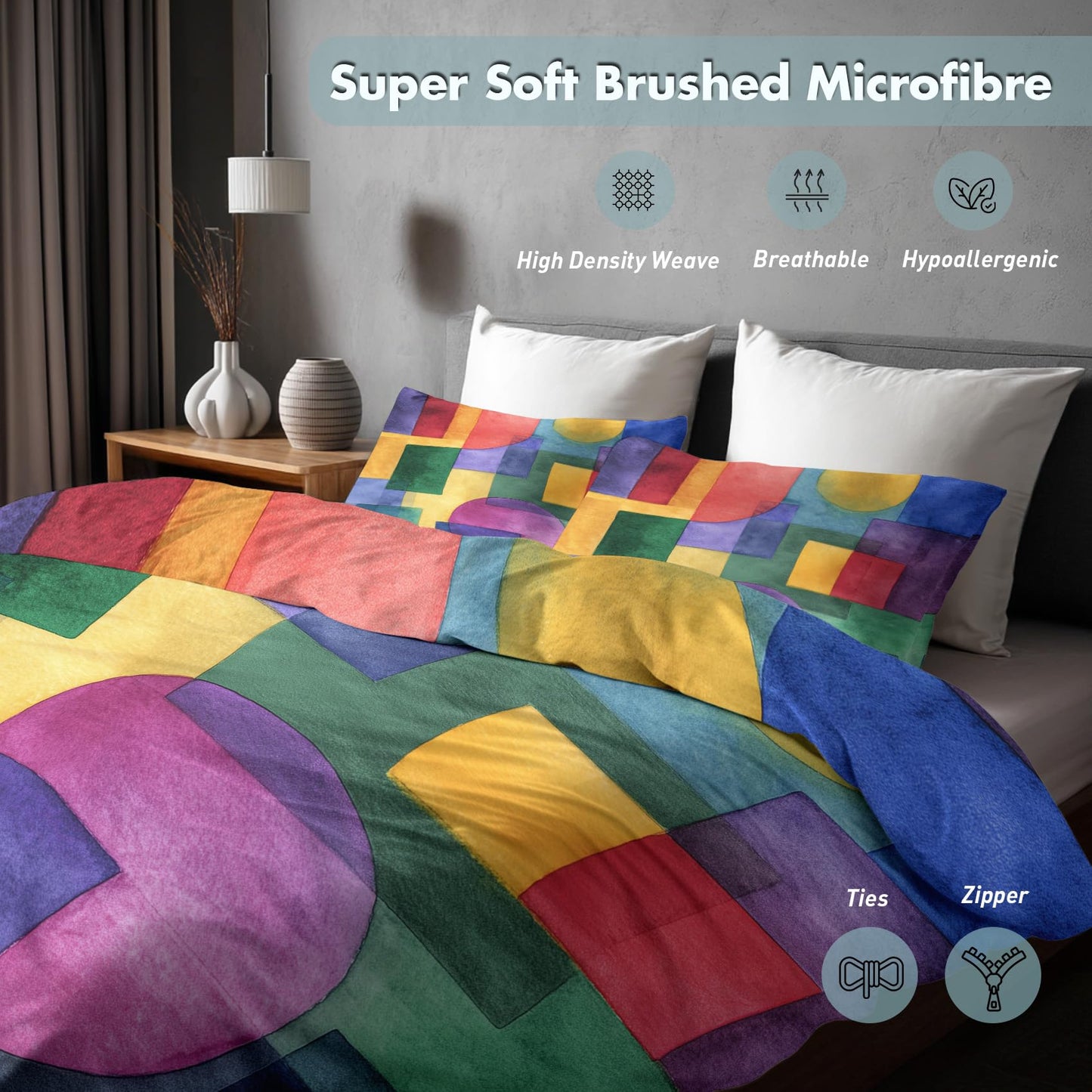Colorful Geometric Queen Duvet Cover Set 3 Piece, Retro Abstract Art Reversible Bedding with 2 Pillow Shams, Zipper & Ties, Ultra Soft Microfiber, Geometric Bedroom Decorations 80A-T