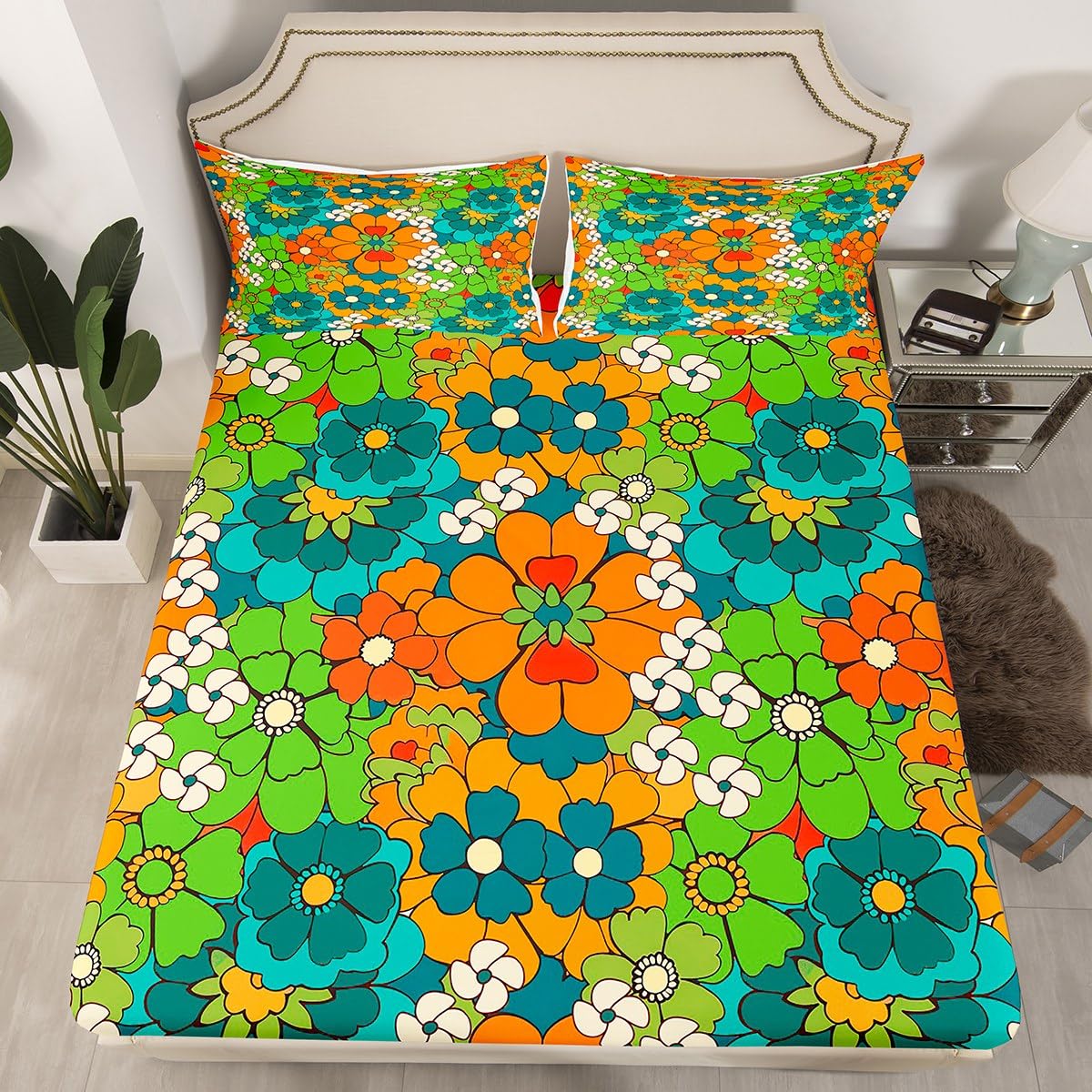 Castle Fairy Abstract Flowers Fitted Sheet Set Full Size 4Pcs,Retro Fresh Style Floral Bedding Set(1 Fitted,1 Flat,2 Pillows),Cartoon Art Deep Pocket Bed Sheets for Girls Teens Room