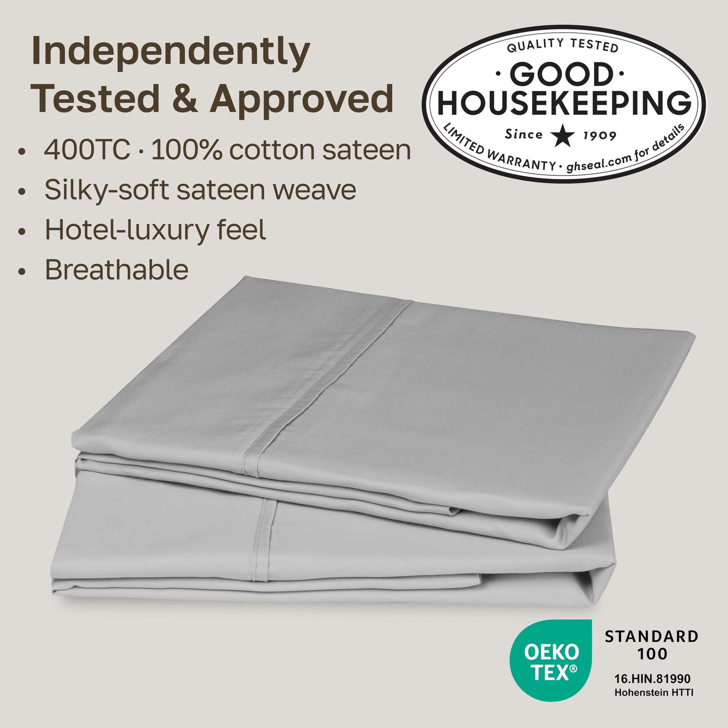California Design Den Standard Queen Size Pillowcase Set - 400 Thread Count, 100% Cotton Sateen, Set of 2 Pillow Covers, Soft and Breathable - Light Grey