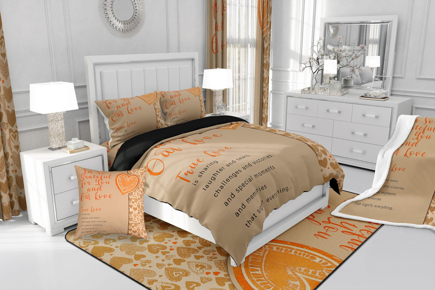 Erosebridal Romantic Love Hearts Comforter Set Queen,Orange Motto Down Comforter,Valentine Gifts Bedding,True Love Bedding Comforter Sets