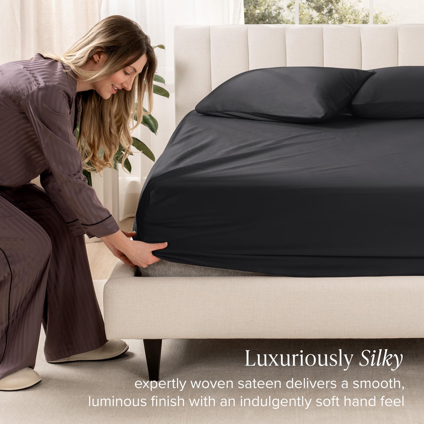 Bare Home 100% Organic Cotton Sateen Fitted Sheet - 400 Thread Count - Smooth Sateen Weave - Breathable & Cooling - Hotel Luxury - Durable Fitted Sheet - Deep Pocket (King, Black)