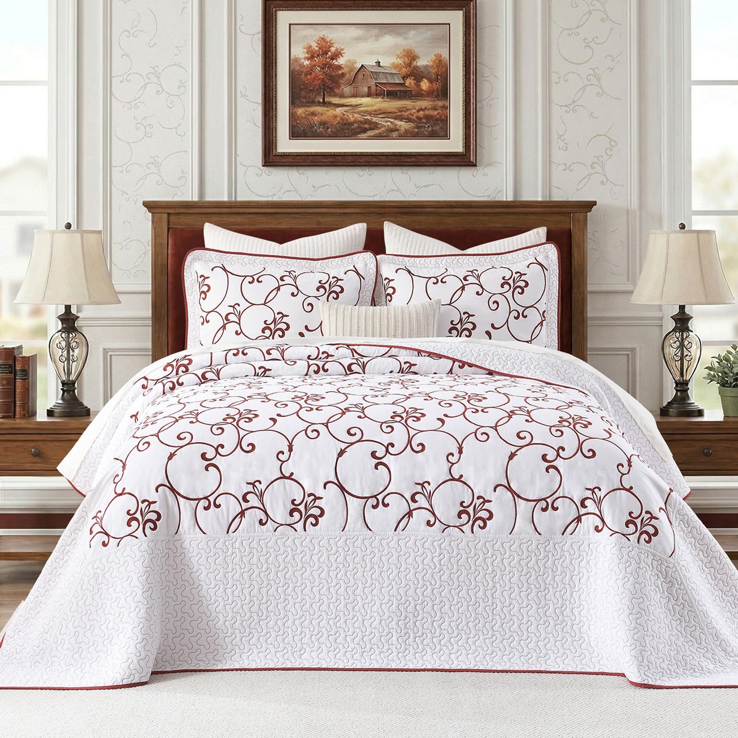 FineStichery Oversized Queen Bedspread 120"x102" - 100% Cotton Extra Large Quilt, Embroidered Bedspread Coverlet with Pillow Shams, Lightweight Quilted Bedding Set 3 Piece, Burgundy/White