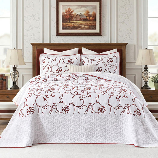 FineStichery Oversized Queen Bedspread 120"x102" - 100% Cotton Extra Large Quilt, Embroidered Bedspread Coverlet with Pillow Shams, Lightweight Quilted Bedding Set 3 Piece, Burgundy/White