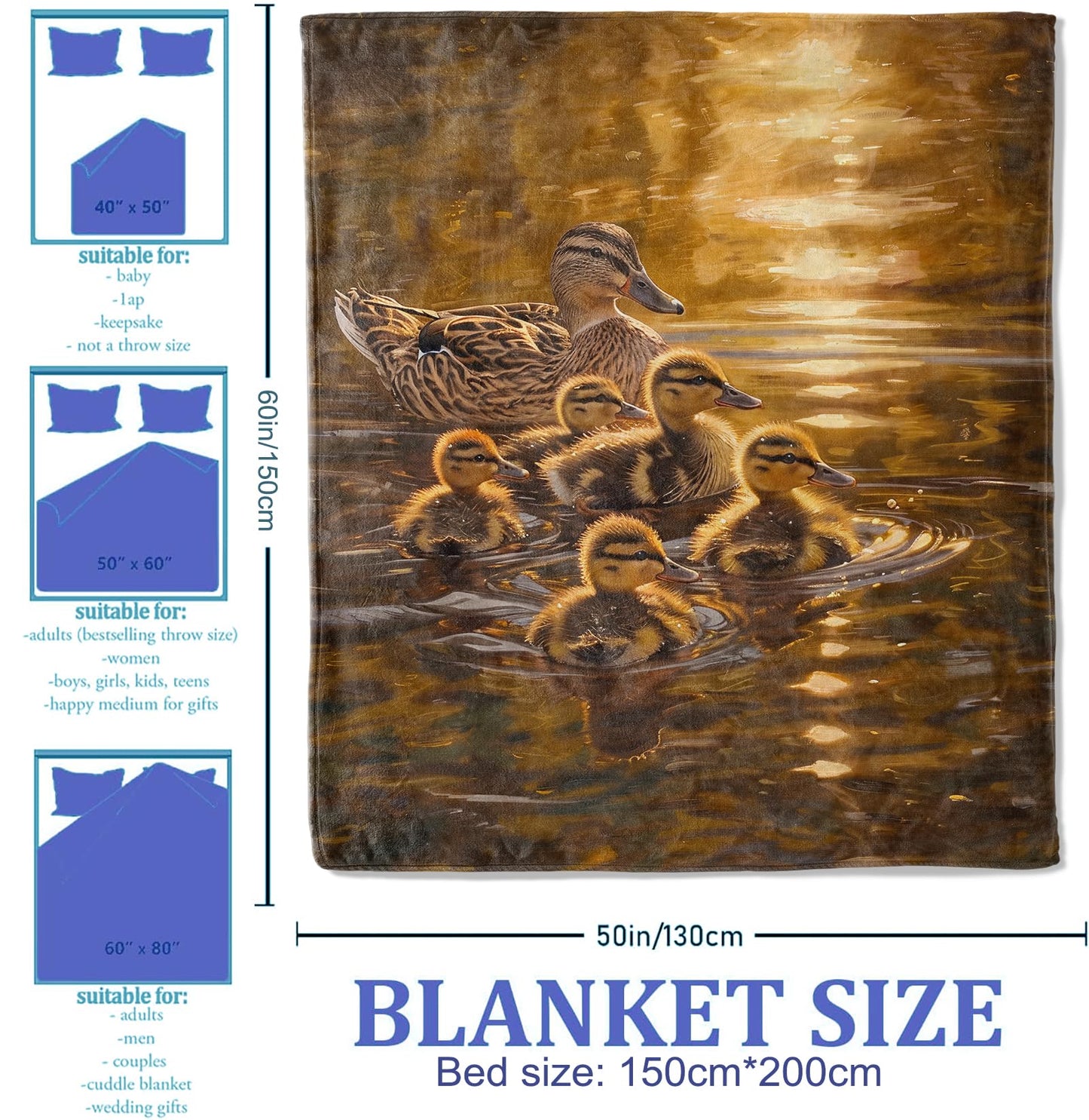 Plistiz Duck Family Flannel Throw Blanket for Nature and Bird Lovers, Lightweight Warm Soft Cozy Wildlife Lake Scene Art Print Blankets, Sofa Couch Bed Living Room Home Office Decor Gifts, 50"x60"