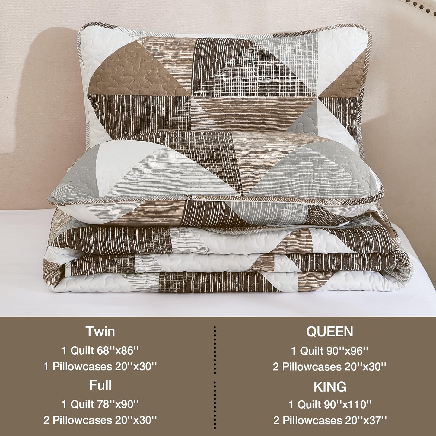 Dintszyayue Quilt Queen Size Brown, 3 Pieces Patchwork Bedspread Bedding for Queen Size Bed, Soft Lightweight Microfiber Geometric Coverlet Set for All Season Quilt with 2 Pillowcases