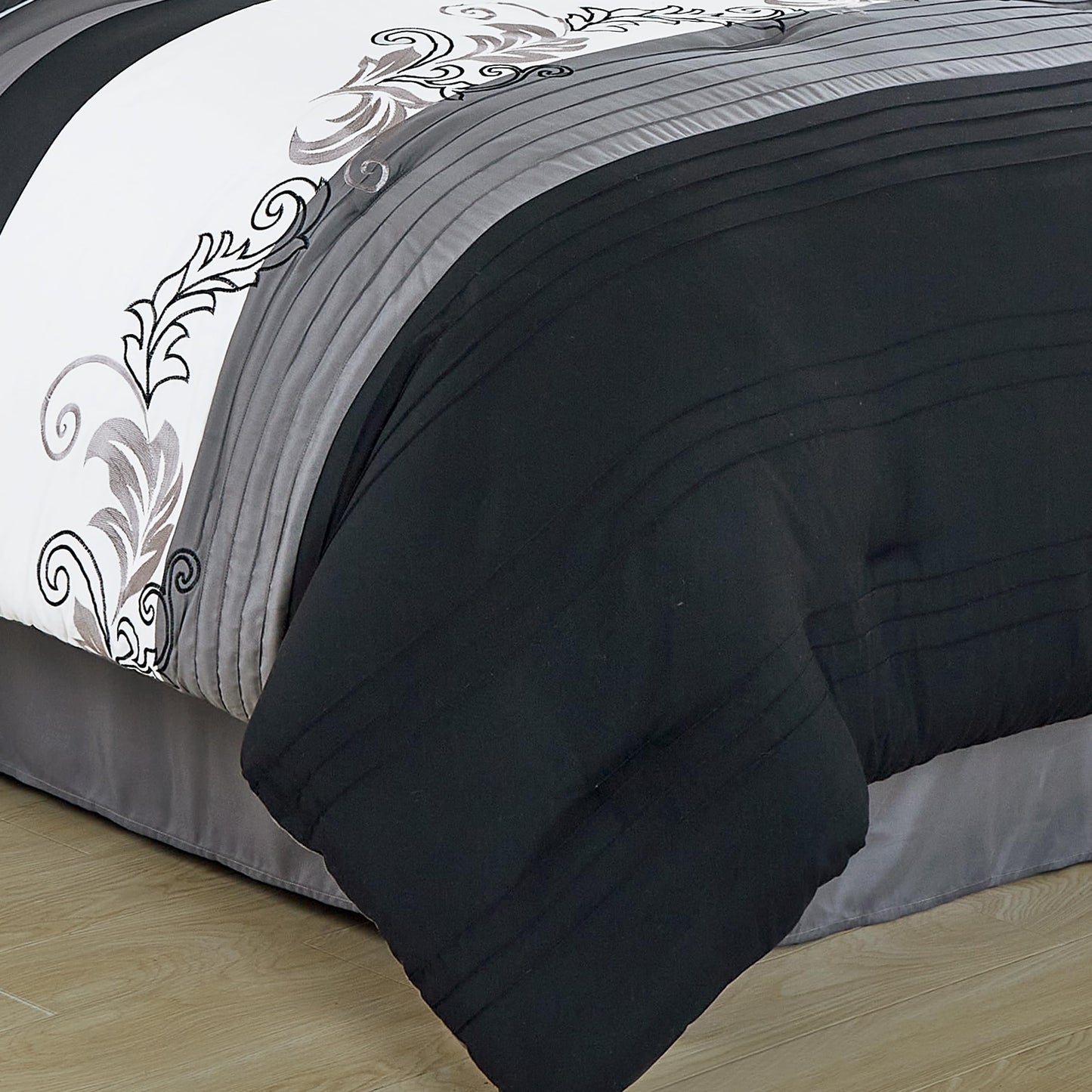 Chezmoi Collection Napa 7-Piece Luxury Leaves Scroll Embroidery Bedding Comforter Set (King, Black/Gray/White)