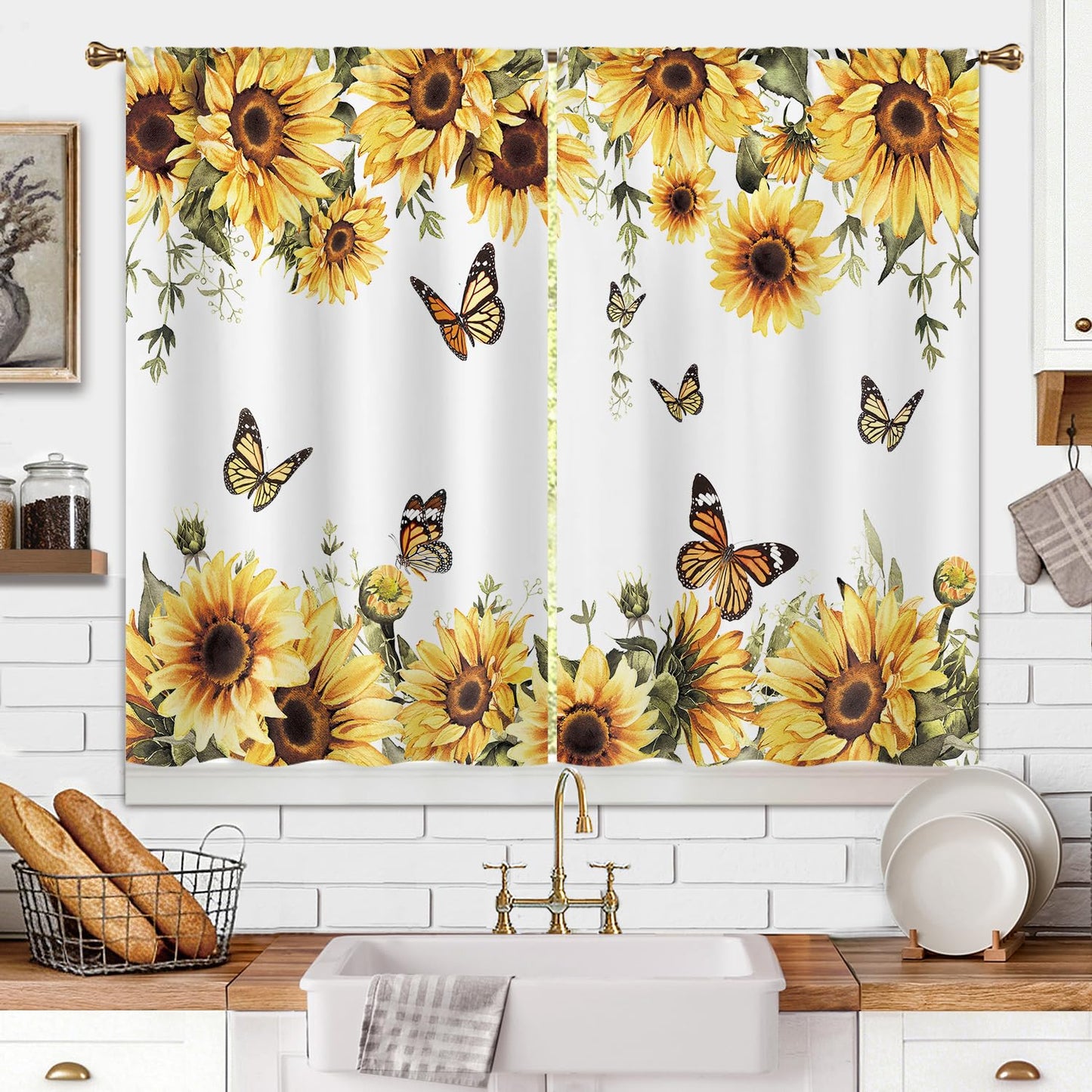 Cizuug Sunflower Yellow Floral Kitchen Curtain Rustic Country Flower Butterfly Farmhouse Over Sink Small Short Cafe Tier Bright Window Drapes Bathroom Home Decor 2 Panels