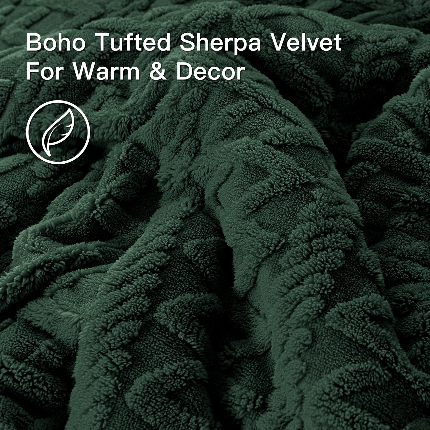 Andency Fluffy Sherpa Queen Comforter Set Dark Green, Super Soft Emerald Green Fleece Warm Bedding for Winter, Luxury Jacquard Boho Fuzzy Plush Bed Set 3 Pieces(1 Shaggy Comforter, 2 Pillowcases)