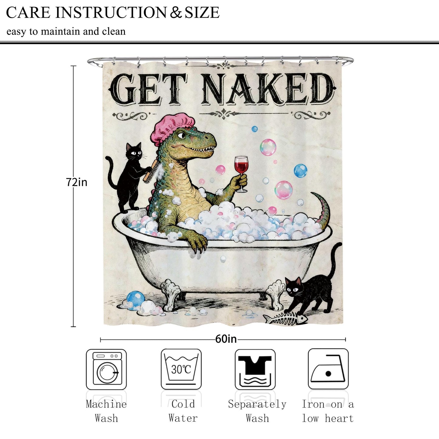 Opeoddie Black Cat Funny Dinosaur Shower Curtain Cool Get Naked Boys Kids Shower Curtains Set Cute Animal in Bathtub Bath Curtain Retro Rustic Dino Raptor Teen Fun Bathroom Decor 60Wx72H Inch