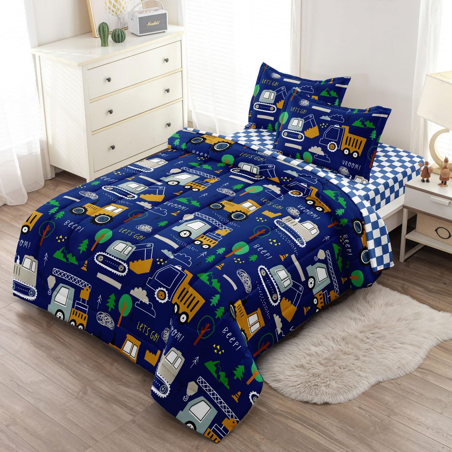 Leaflin Boys Bedding Set Twin Size, 5 Pcs Cartoon Truck Comforter, Blue