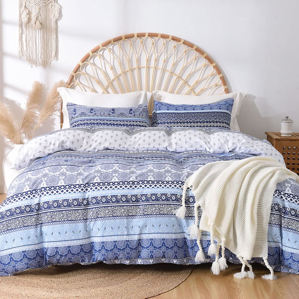 Lekesky Boho Queen Size Duvet Cover Set, Boho Blue Retro Comforter Cover Queen Size Floral Striped Printed, Luxury Soft Microfiber Bedding Set with Zipper Ties