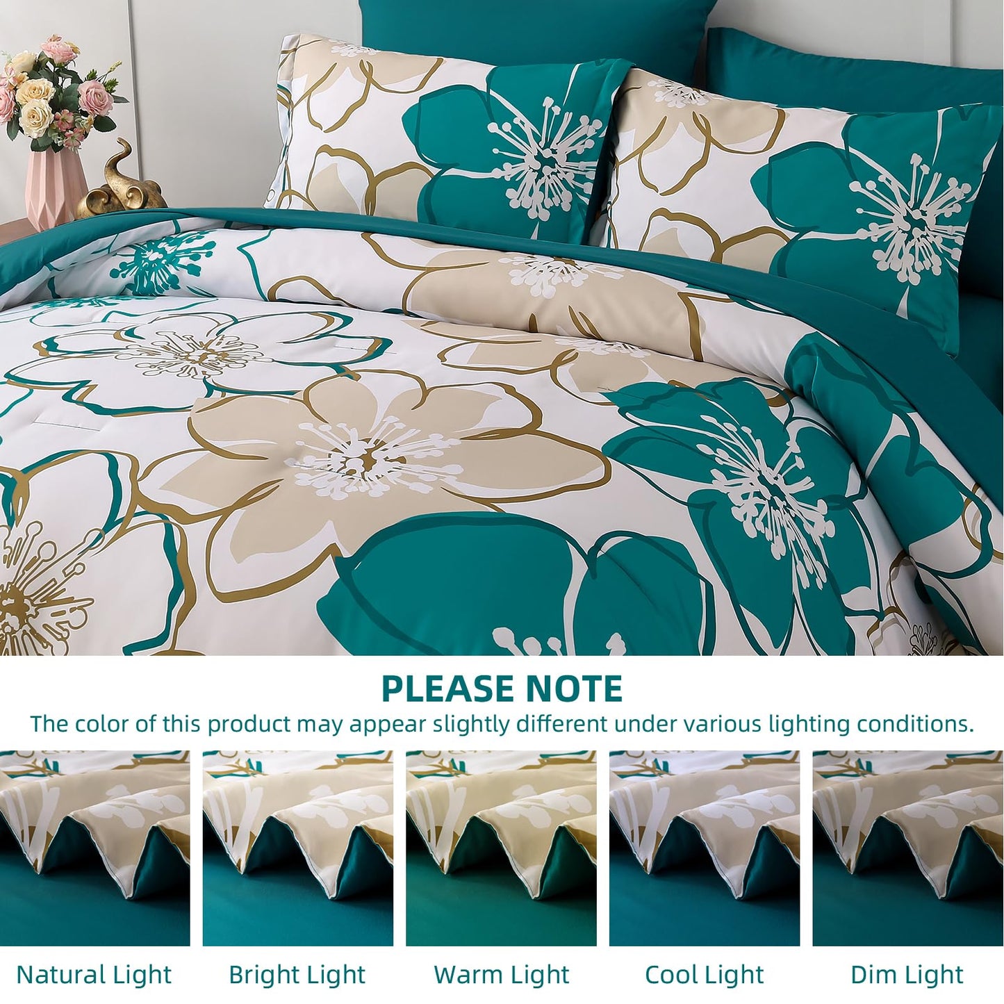 Anibedding 7Pieces Teal Grey Floral Comforter Set Queen Size, Soft Microfiber Grey Blue Bed in a Bag Comforter Set with Sheets for All Season