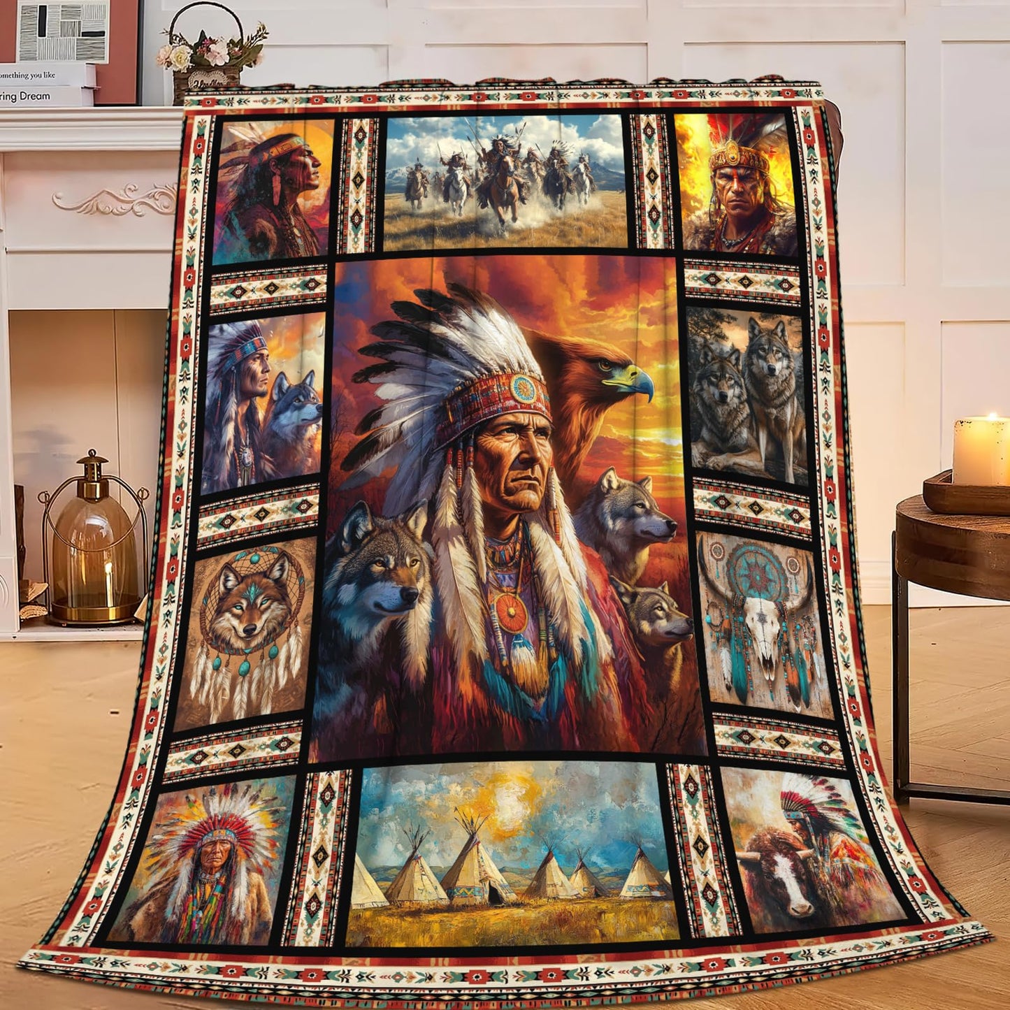 Native Indian Blanket Flannel Indian American Southwest Throw Blanket Ultra Soft Cozy Fleece Decor Blankets Gift for Kids Women Mens Couch Sofa Bed 50" x 40"