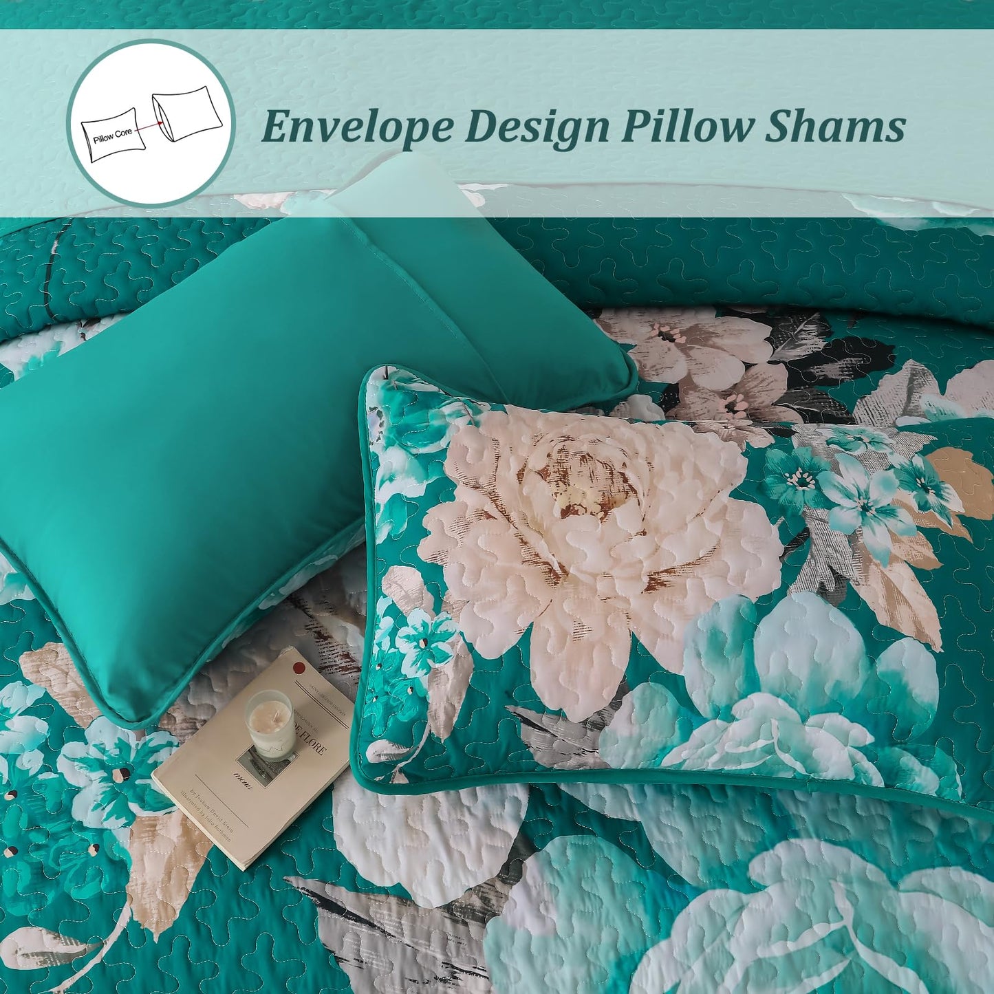WONGS BEDDING Teal Boho Floral Quilt Set Queen, Elegant Flower Bedspread Coverlet Set for All Season, 3 Pieces Farmhouse Lightweight Reversible Bedding Set with 2 Pillow Shams 96"X90"