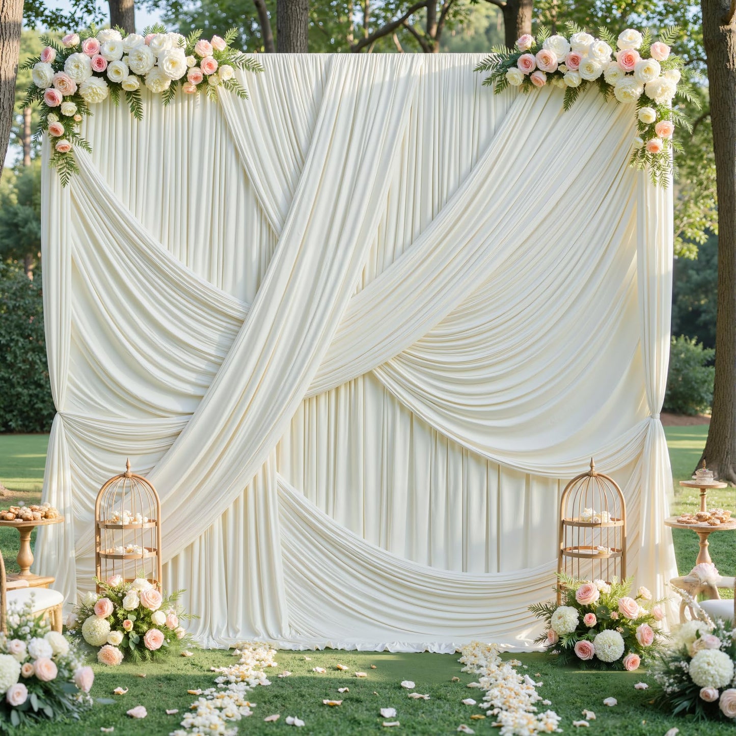 10ft×12ft Ivory Backdrop Curtain for Wedding Parties, 2 Panels Wrinkle Free Polyester Photo Backdrop Drapes Back Drop Cloth for Birthday Photography Background
