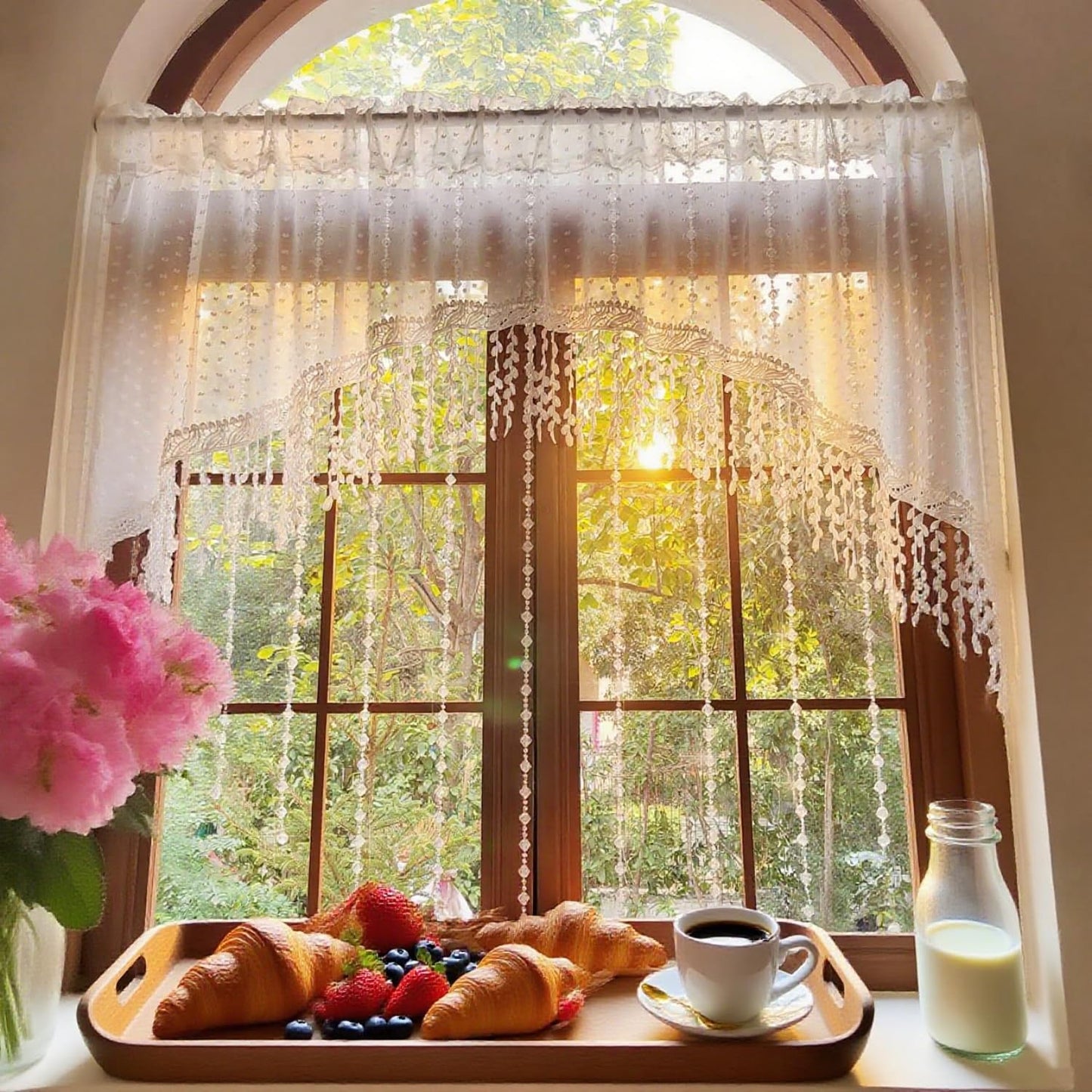 White Arched Sheer Valance Boho Pompom Short Curtain Tier with Crystal Beads for Doorways Tassels Swag Curtain Room Divider Dining Room Glass Door Rod Pocket 1Panel (W59 X L43 INCH,White)