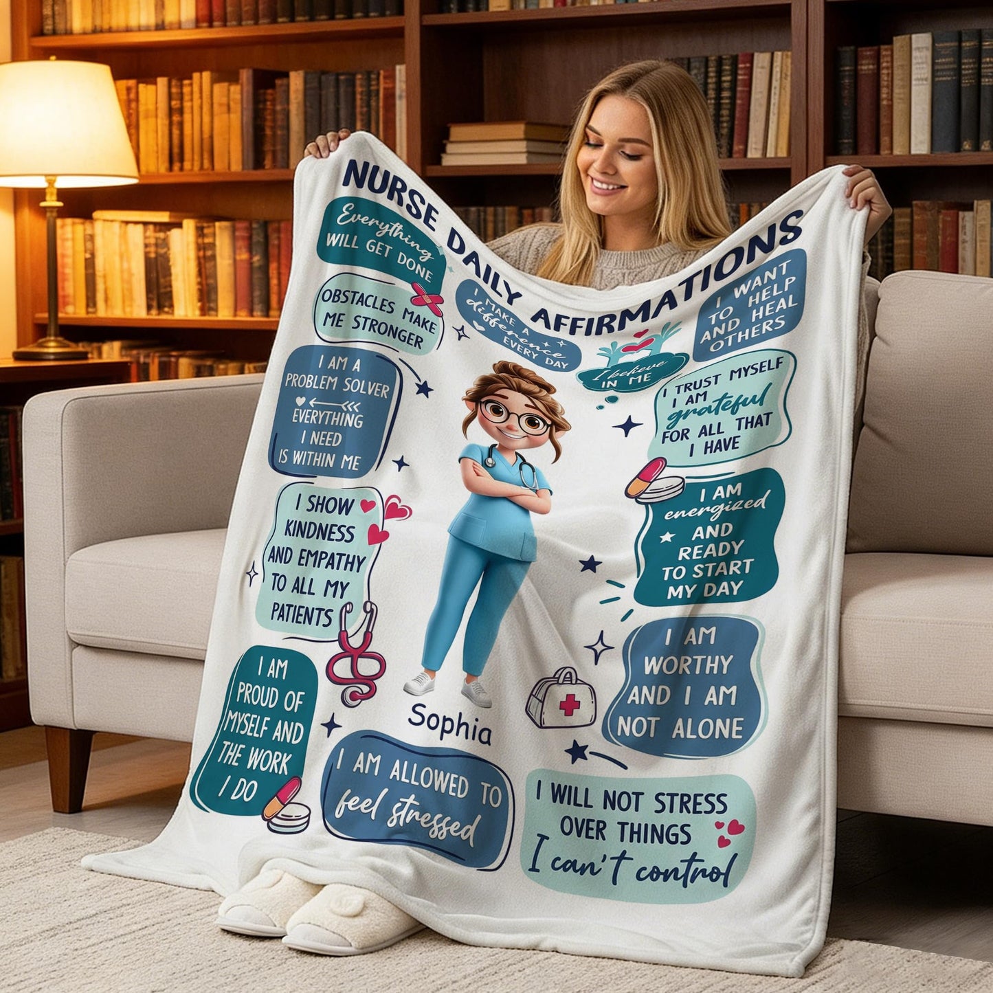 Ipplee Nurse Daily Affirmations Personalized Blanket with Custom Name, 3D Cartoon Fleece Throw for RN LPN NP Graduation, Nurses Week Appreciation Birthday for Women