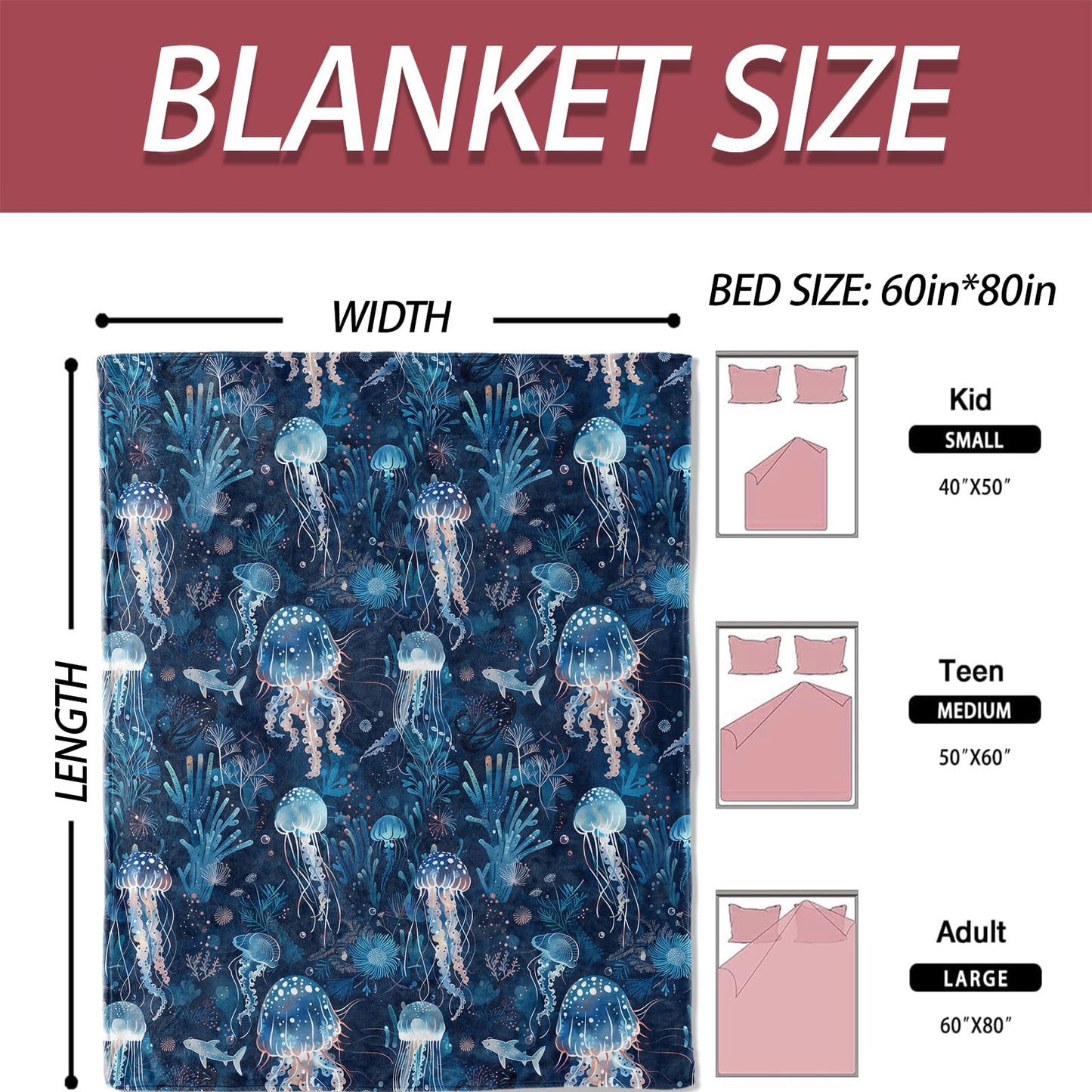 ICAAV Ocean Jellyfish Blanket for Adults 50×60 Inch,Deep Sea Glow Inspired Flannel Throw with Coral and Fish Design, Soft Cozy Nautical Decor, Blue Underwater Illustration Pattern,Gifts Blankets