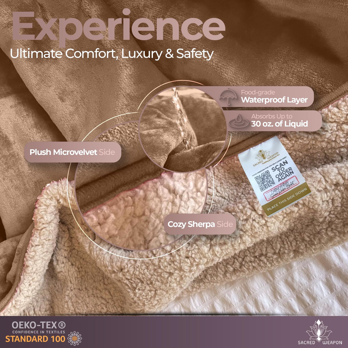 Sacred Weapon Waterproof Blanket Queen Twin Size - Soft Plush Sherpa Fleece Cozy Warm Throw Blanket for Couch Bed, Comfy Sofa Cover Gift, Water Proof Splash Stain Mattress Protector, Beige Tan 50x80