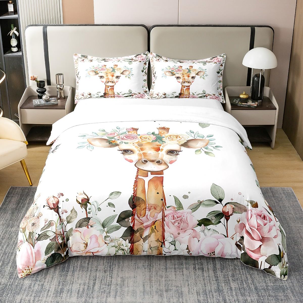 100% Cotton Kids Cartoon Animal Comforter Cover Cute Giraffe Bedding Sets Pink Rose Duvet Cover Queen Size Girls Floral Flower Quilt Cover,Wildlife Giraffe Skin Bedspread Cover Botanical Room Decor