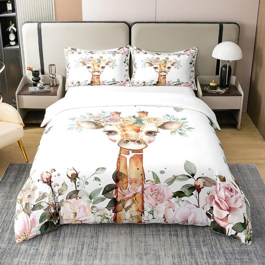 100% Cotton Kids Cartoon Animal Comforter Cover Cute Giraffe Bedding Sets Pink Rose Duvet Cover Queen Size Girls Floral Flower Quilt Cover,Wildlife Giraffe Skin Bedspread Cover Botanical Room Decor