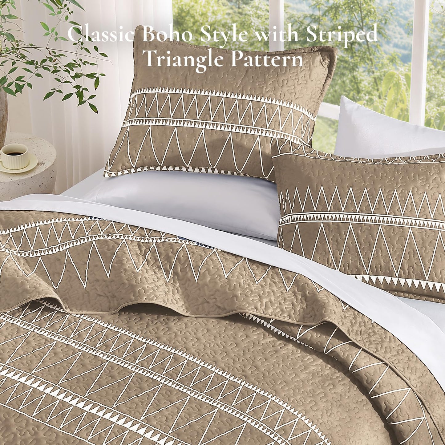 Andency Taupe California King Quilt Set, 3 Pieces Boho Lightweight Soft Striped Cal King Bedspread for All Season (112"x104"), Printed Bohemian Polyester Reversible Coverlet Comforter Sets
