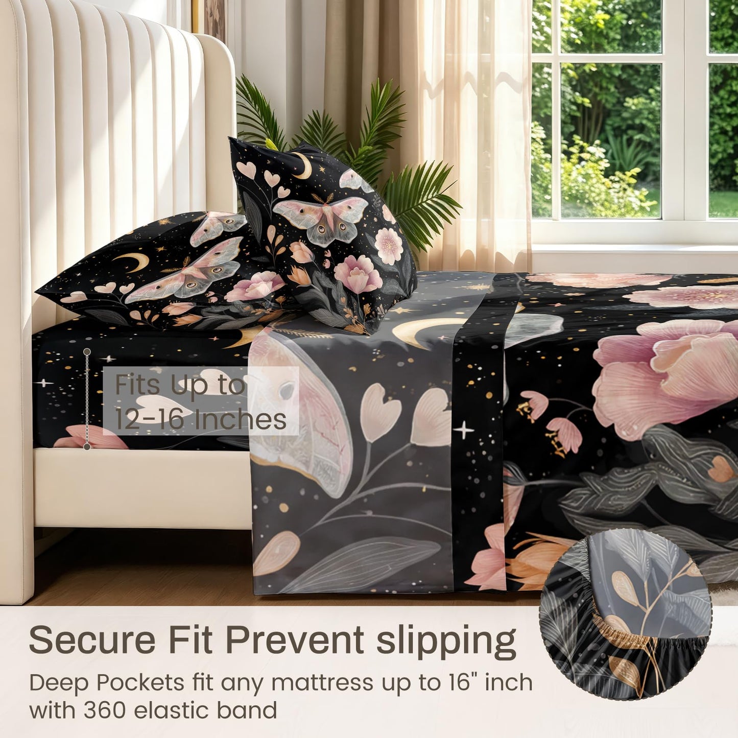 Pink Luna Moth Bedding Set 4 Pcs Girls Moon Star Full Sheets
