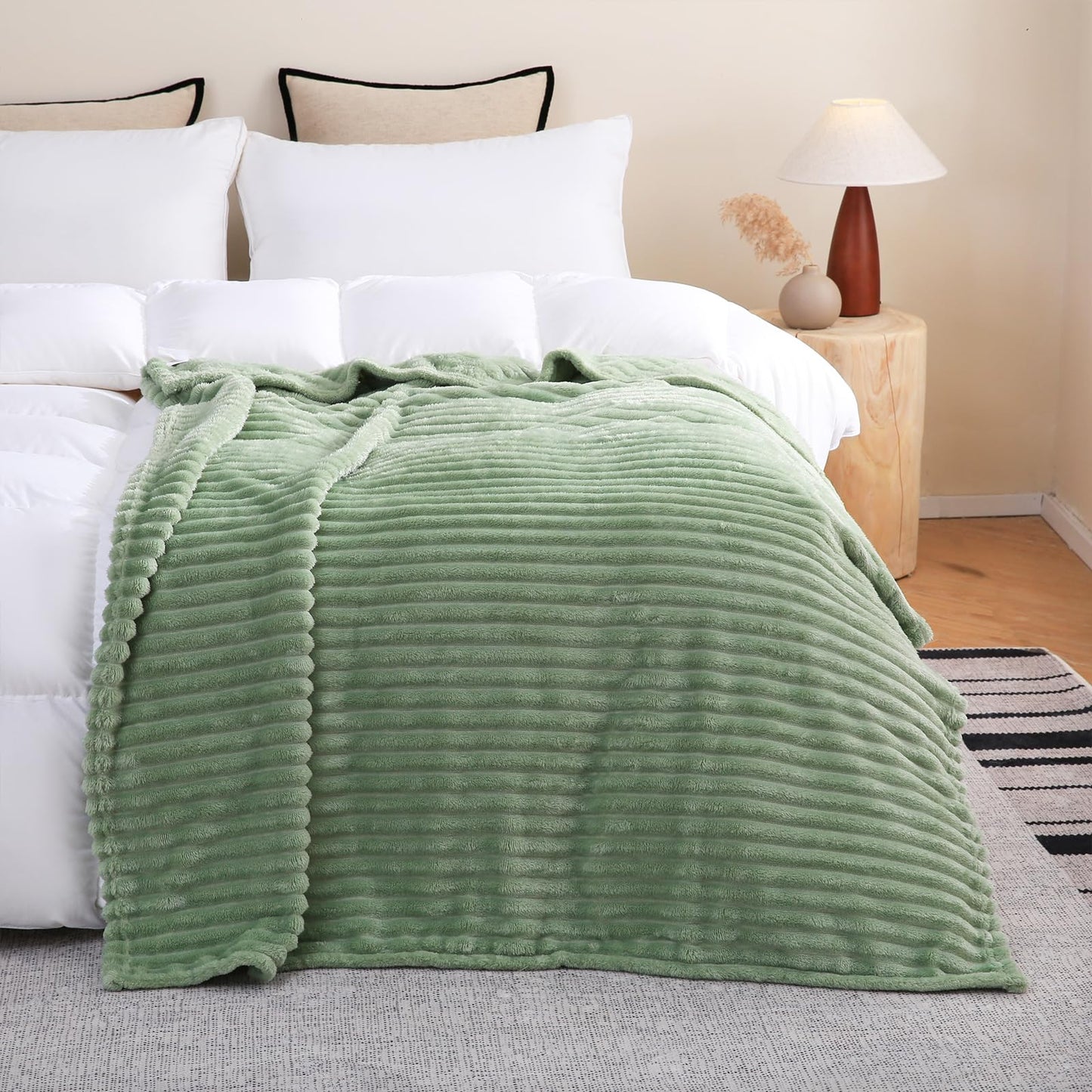 Linecooo Sage Green Fleece Throw Blanket 50”×60” for Couch Sofa Bed,Super Soft Cozy Plush Microfiber Flannel Blanket with Stripes Design Lightweight for Adults,Woman,Girls