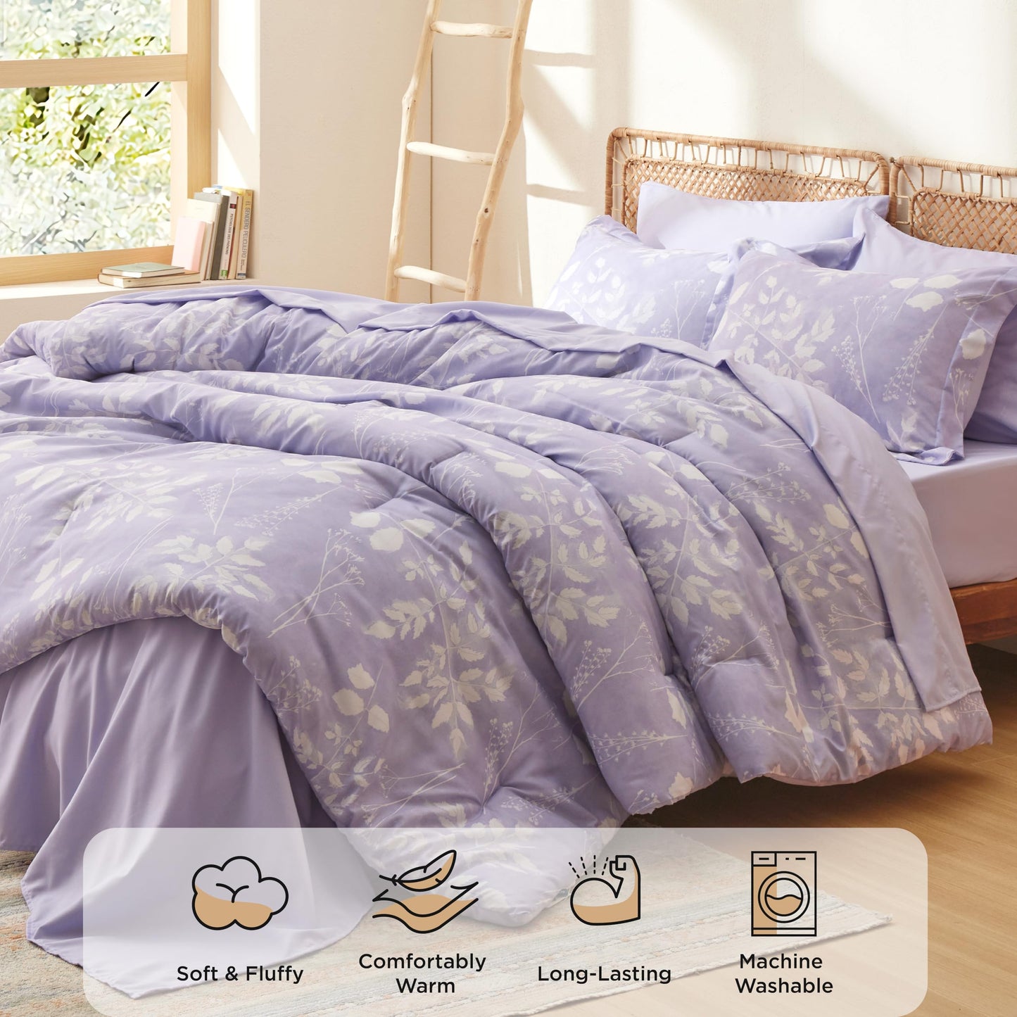 Bedsure Queen Comforter Set - 7 Pieces Floral Lavender Soft Bedding Sets, Queen Bed in a Bag with Botanical Flowers Comforter, Sheets, Pillowcases & Shams