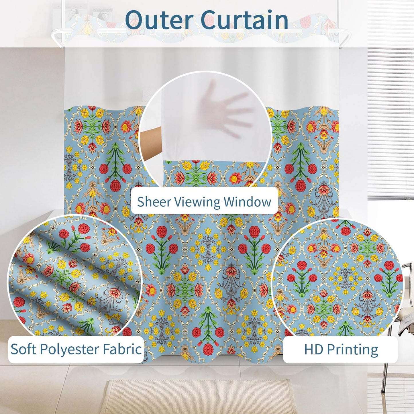 NAEMBCU Blue Floral No Hook Shower Curtain with Snap in Liner Set 71x74 in