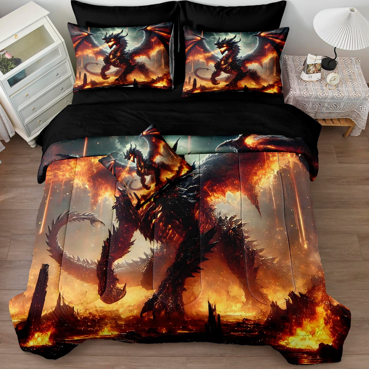 Bedbay Fire Dragon Bed in a Bag King Size Comforter Set with Sheets Mythical Sci-fi 3D Fiery Dragon Print Boys Girls Teen Adults Room Decor Soft Fluffy Comforter Fantasy Bedding Set for All Seasons