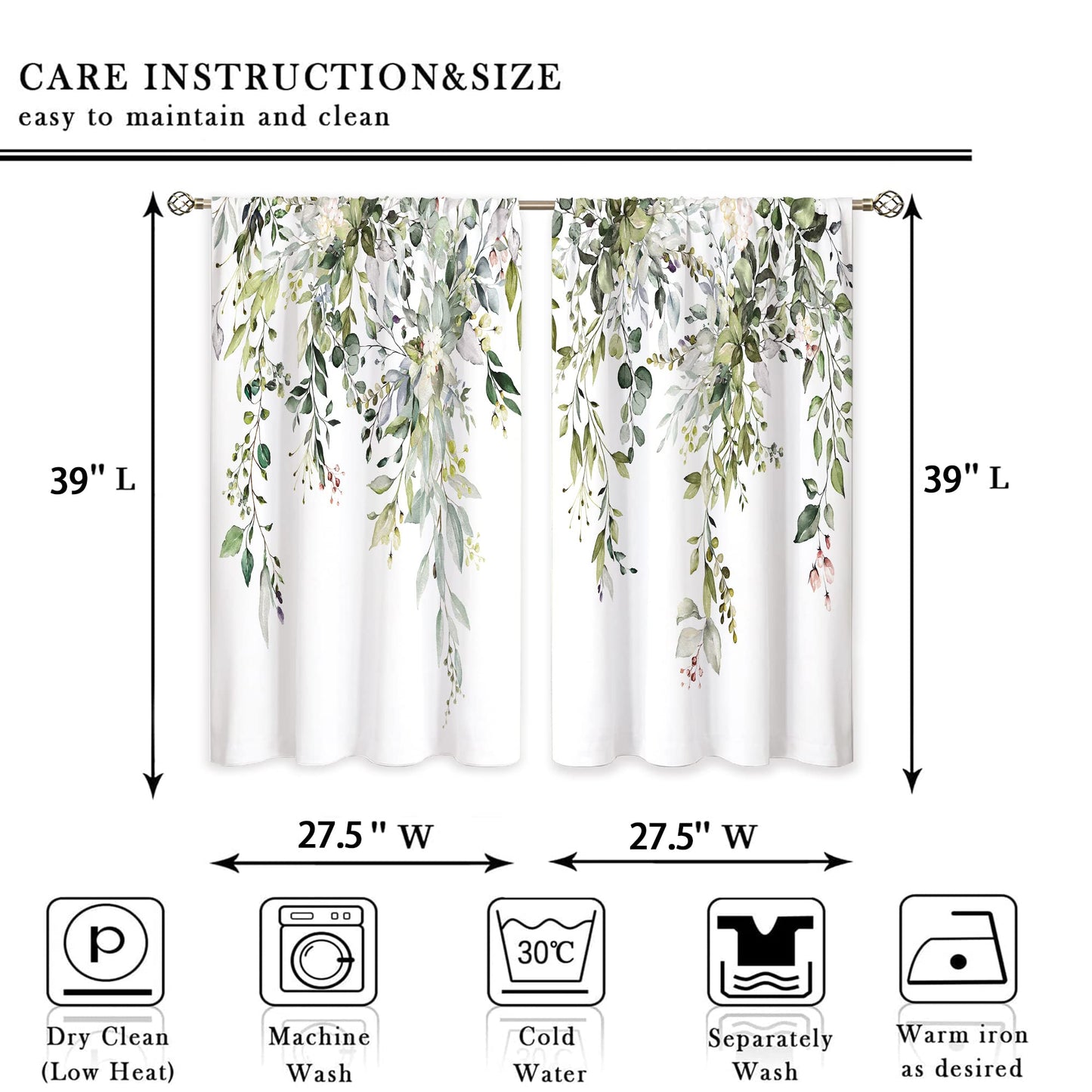 oolygoo Eucalyptus Botanical Leaves Floral Kitchen Window Curtains Over Sink Boho Farmhouse Flower Leaf Small Window Treatment Sage Green Cafe Short Curtains for Bathroom Tier Drapes 27.5x39 inch