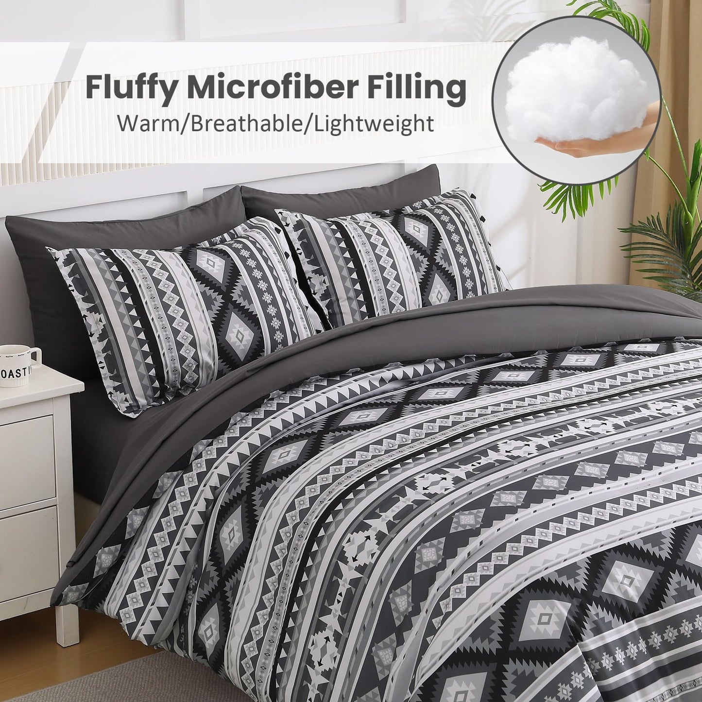 Dinjoy Dark Grey Boho Comforter Set Queen Size,7 Pieces Bed in a Bag for Men Gray Bedding Sets with Sheets Aztec Comforters Striped Complete Set for Summer 90"x90"