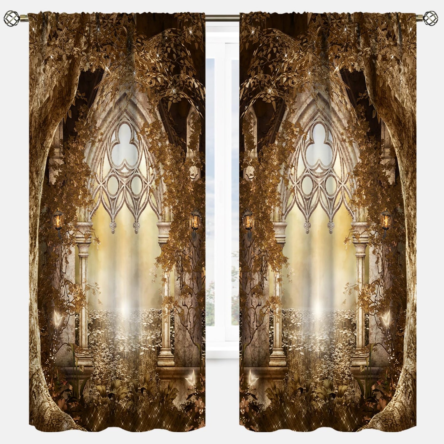 YCness Fantasy Nature Autumn Leaves Curtains, Landscape Golden Sparkle Gothic Fantasy Gate Magic Dreamland Fairy Window Treatments for Kitchen Living Room Bedroom Home, 2 Panels 42x45 Inch