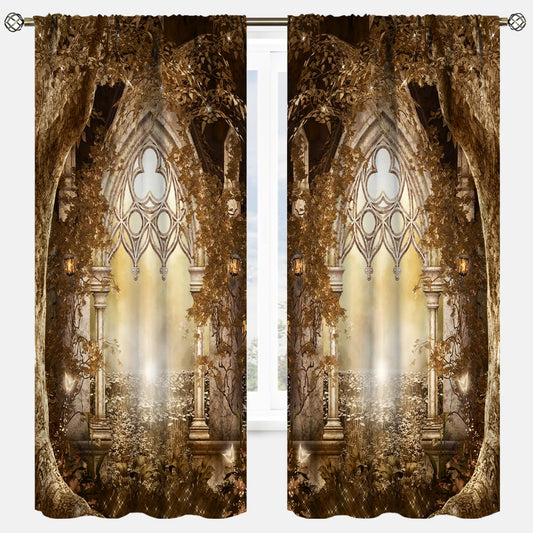 YCness Fantasy Nature Autumn Leaves Curtains, Landscape Golden Sparkle Gothic Fantasy Gate Magic Dreamland Fairy Window Treatments for Kitchen Living Room Bedroom Home, 2 Panels 42x45 Inch