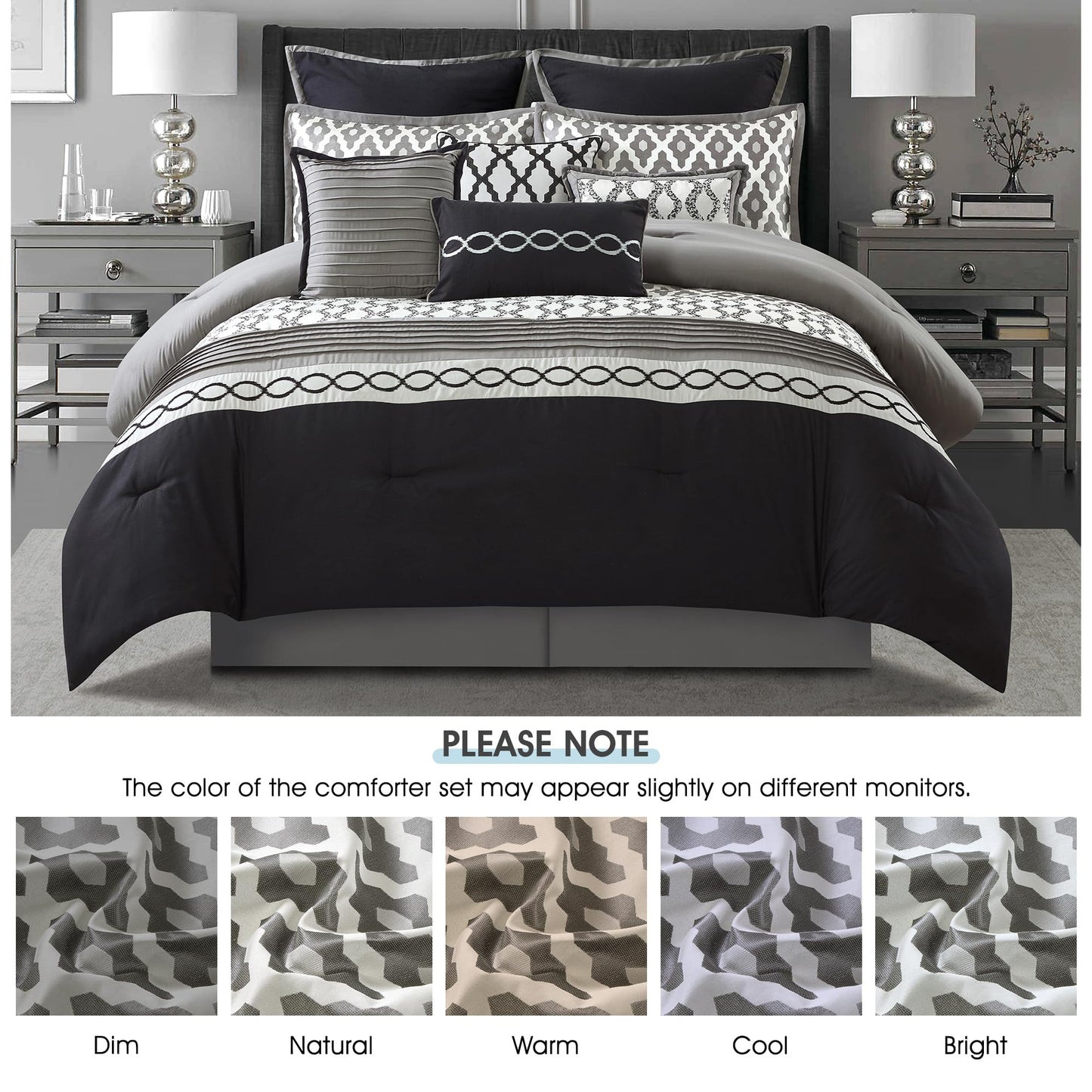 LANCO MODERN LIFESTYLE Queen Comforter Set, Black, 10 Piece Bed in a Bag for All Seasons, Luxury Extreme Comfort Bedding Sets with Bedskirt, Pillow Shams, Euro Shams and Decor Pillows