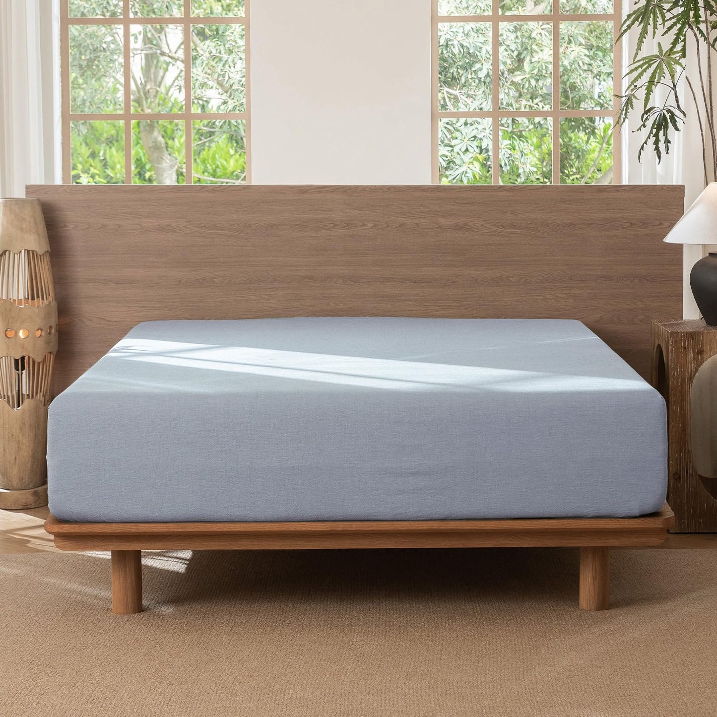 MooMee Fitted Bottom Sheet Only 100% Washed Cotton Linen Like Textured Breathable Durable Soft Comfy Deep Pocket Fits Mattress up to 17" (Cornflower Blue, Queen)
