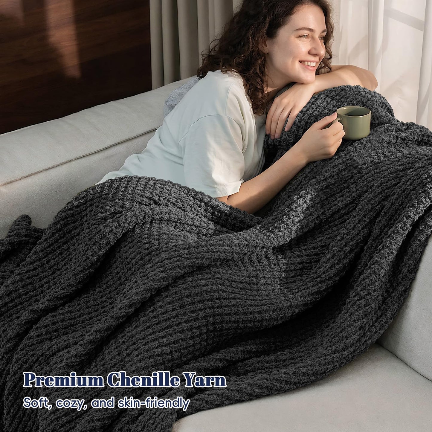 PHF Chenille Waffle Knit Throw Blanket- Plush Warm & Cozy 50" x 60" Ultra Soft Blanket- Chunky Fluffy Waffle Throws for Couch Bed Sofa - Charcoal Grey