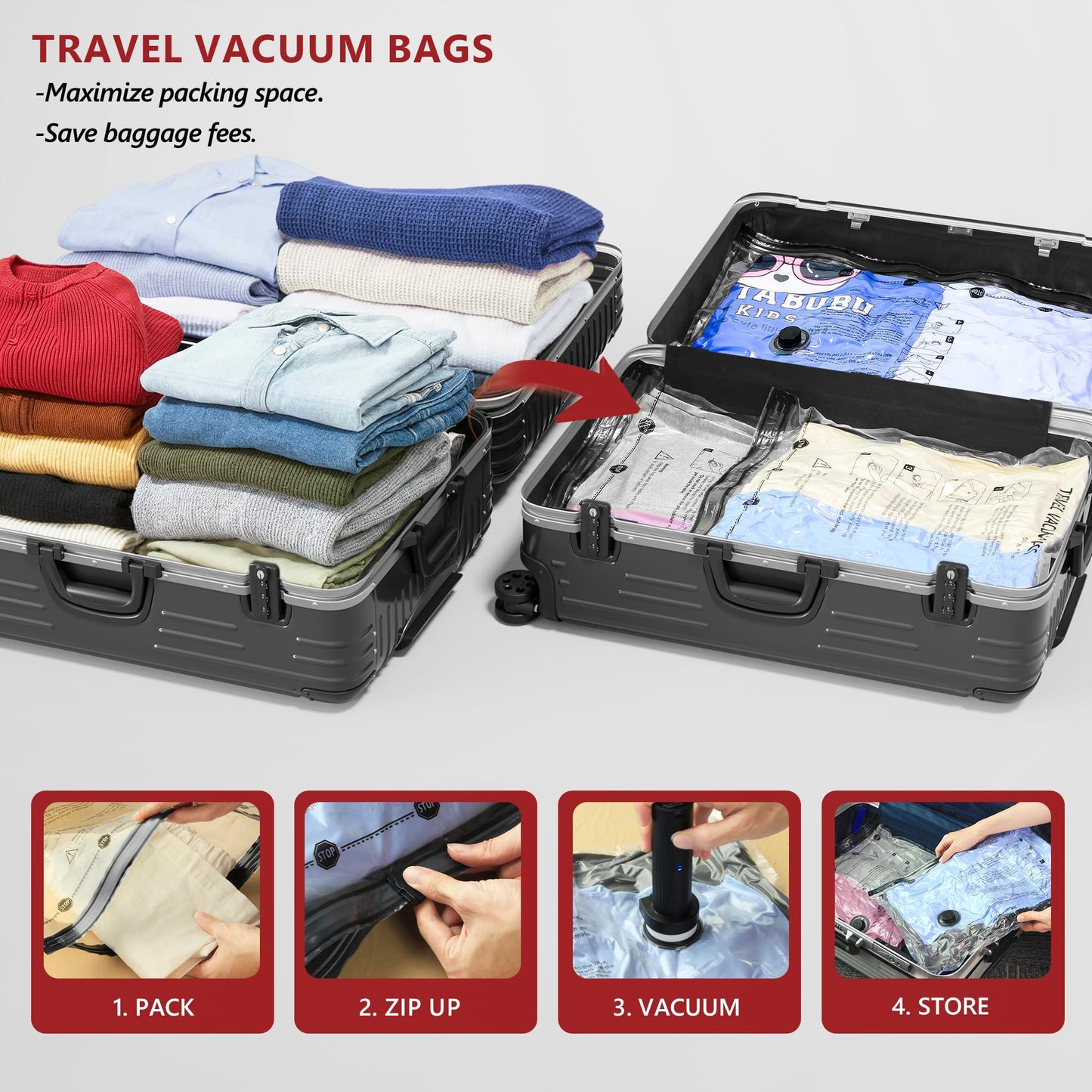 Travel Vacuum Bags for Clothing with Rechargeable Electric Pump, Compression Packing Cubes Organizer Storage for Luggage Suitcase, Space Saver Seal Bags for Vacation Cruise, 8 Large