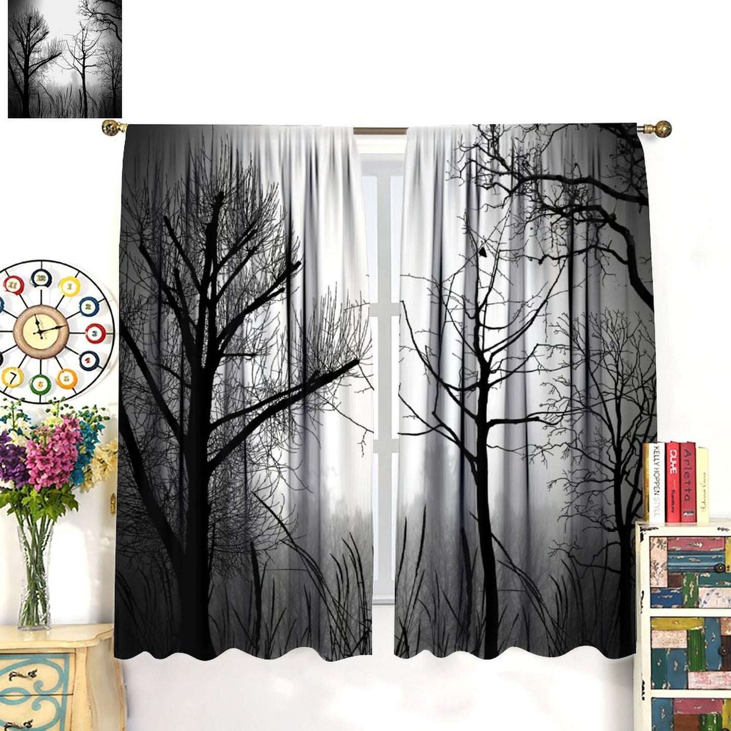 Gothic Black Pine Tree Forest Curtains - Mysterious Scenery, Gloomy Dark Dense Foggy Blackout Window Treatments for Living Room Bedroom - 42" W X 45" L