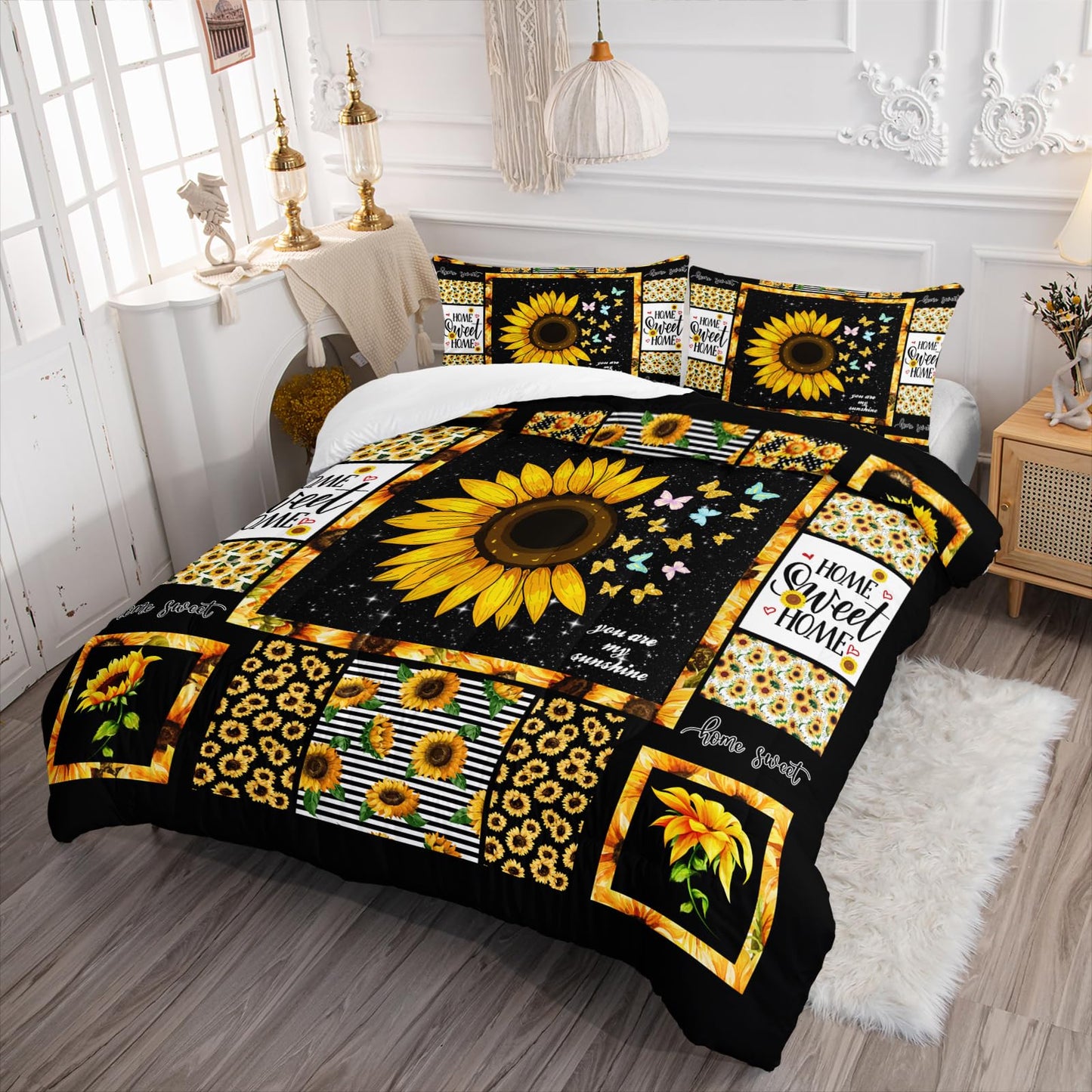 AILONEN Sunflower Comforter Set Queen Size, Modern Sunflower Pattern Bedding Set for Boys Girls Gifts,Yellow Botanical Floral Comforter Set 3 Pieces, 1 Quilt and 2 Pillowcases