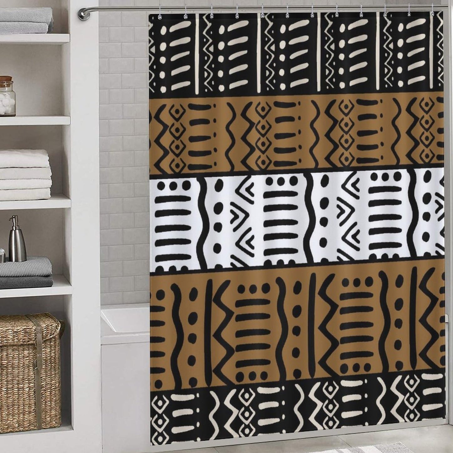 African Mudcloth Shower Curtain for Bathroom, oho Modern Abstract Geometric Print Tribal Africa Ethnic Pattern Bohemian Brown Waterproof Fabric Shower Curtain Set with Hooks, 72"x72" Inch