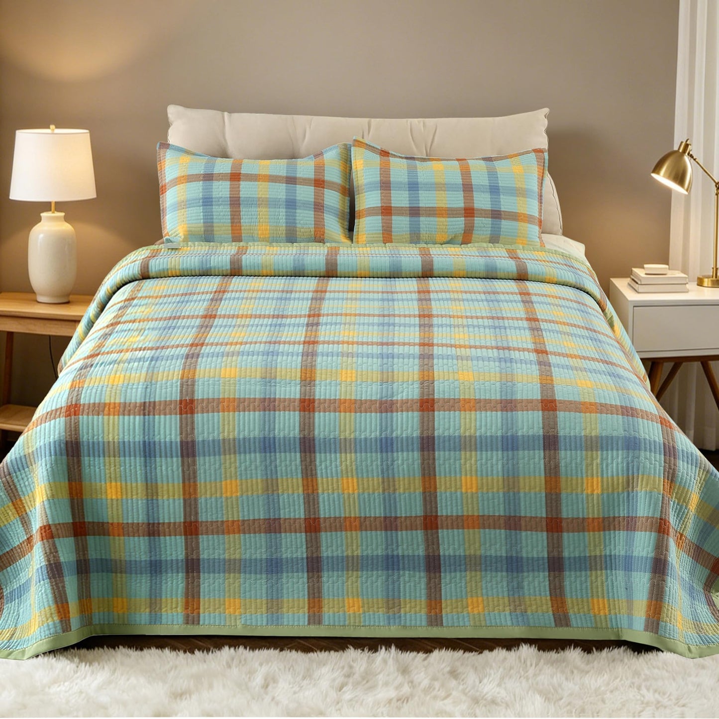 Yonvdns 3 Pieces 100% Cotton Quilt Set Twin Size,Hypoallergenic for Sensitive Skin,Lightweight All Season Coverlet Set, No Clumping After Wash,Anti-Static(Green Checkered, 90"x78")