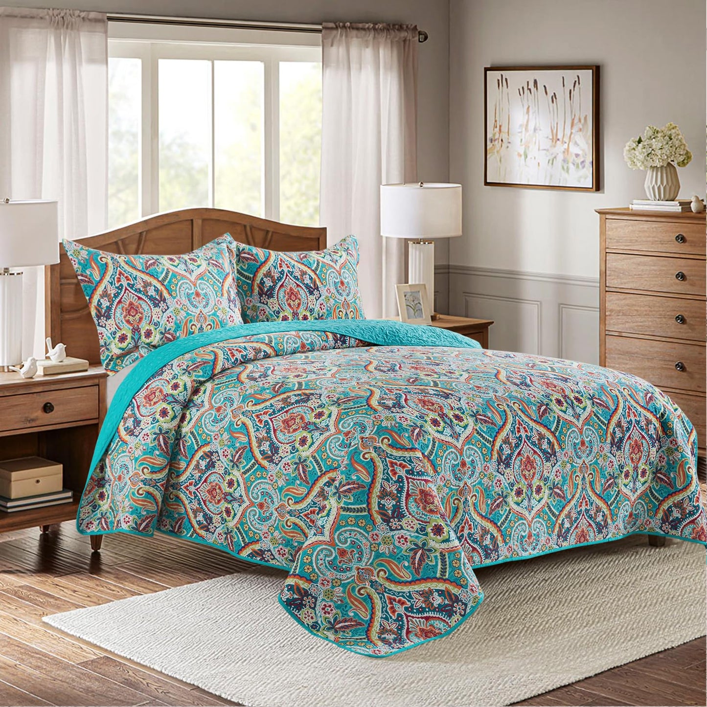 BEDIFANY Cotton Queen Quilt Set - Lightweight Queen Size Quilts Bedding Set for a Comfortable Sleep - Reversible Bedspread Coverlet (90 * 98 in) with Boho Pattern, 3 Pieces