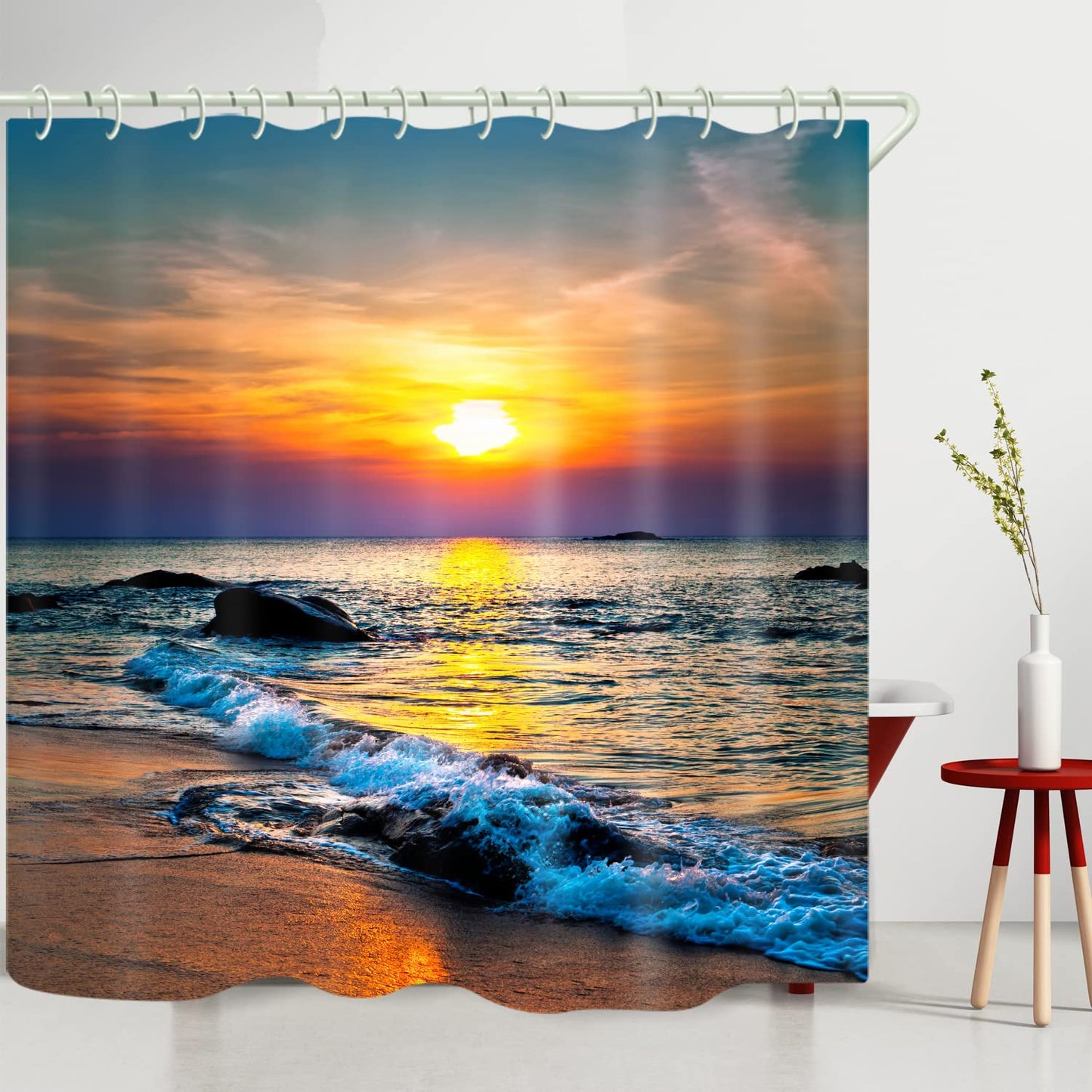 LYFANS Bathroom Uses a Sunny Sea Surface 3D Shower Curtains, The Tub Uses a Luxury Standard Shower Curtains, and The Waterproof Washable Fabric Shower Curtain, 72x72 Inches.