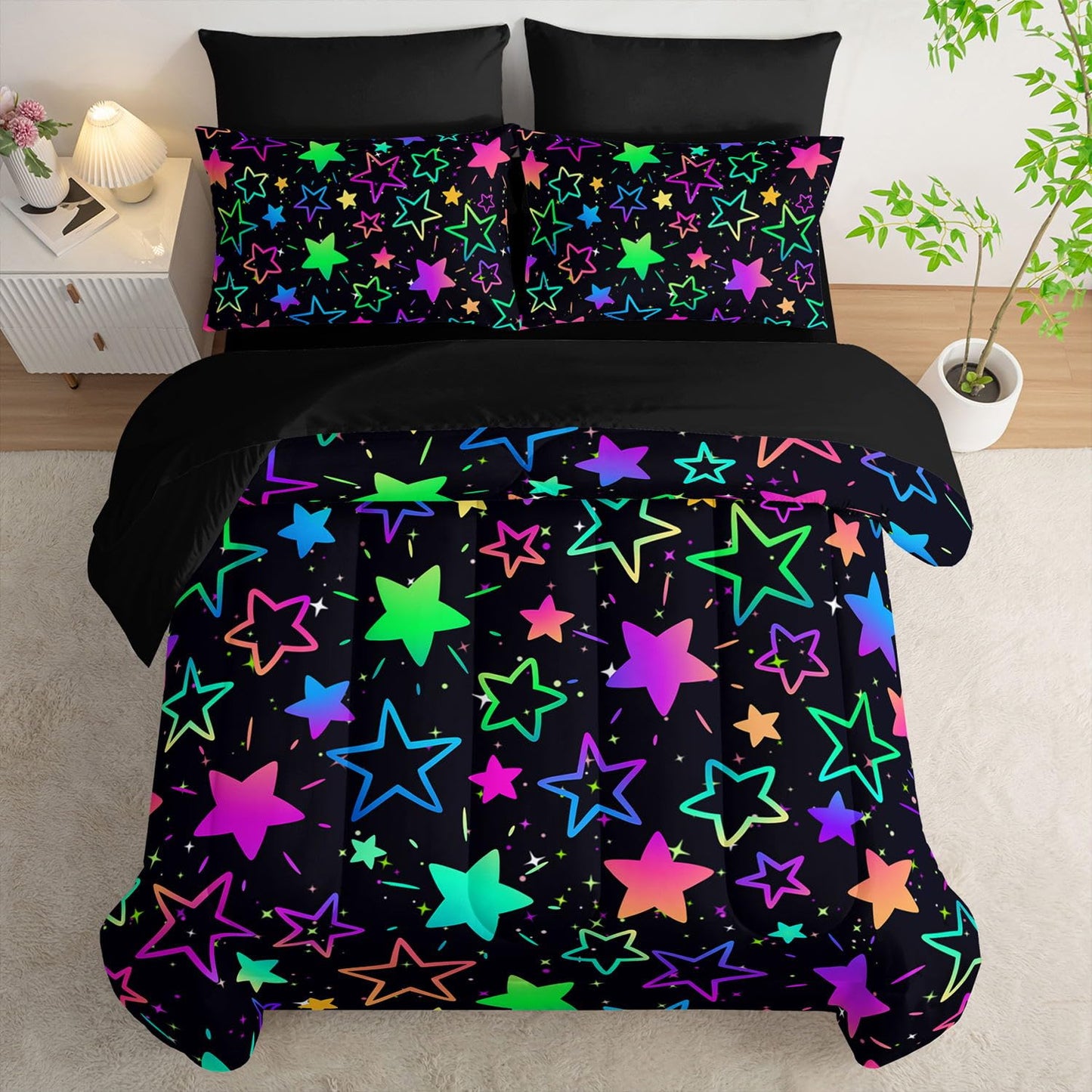 Smell Sunshine 7Pcs Comforter Set Colorful Stars Printed Bedding Set with 1 Comforter, 1 Flat Sheet, 1 Fitted Sheet and 4 Pillowcases for Boys and Girls Bedroom (Stars Twin
