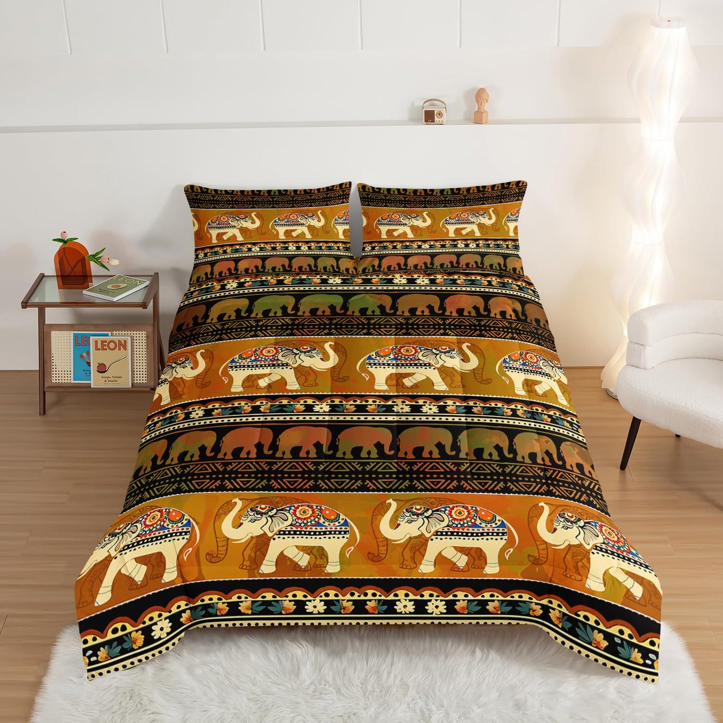 HOSIMA Western Bedding Sets Elephant Queen Comforter Set 3 Pieces,Brown Mandala Bedding for Teens Boys Girls Western Room Decor,Fluffy Lightweight Animal Boho Bedding with 2 Pillowcases.