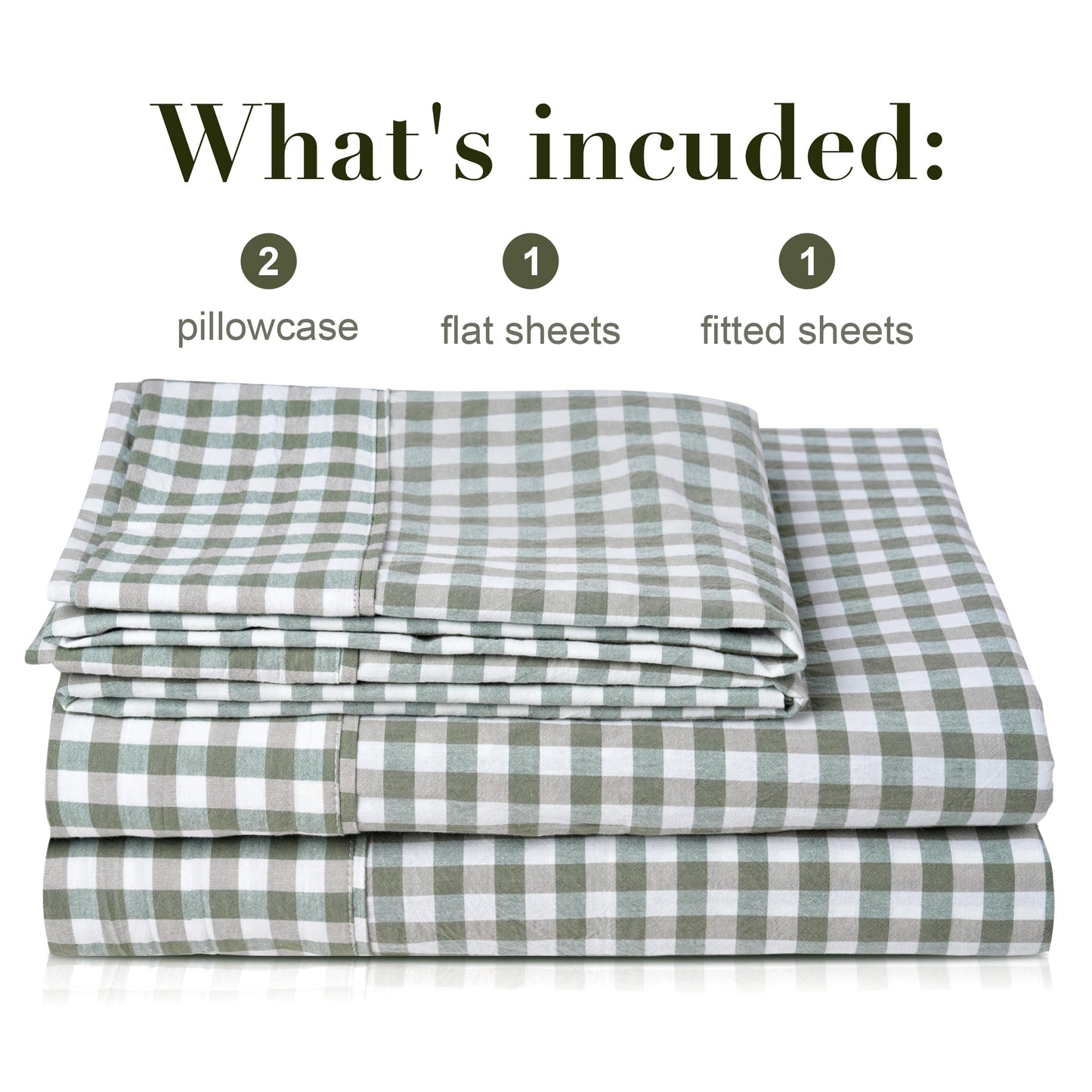 100% Cotton Full Sheet Set - 4 Piece Cotton Sheets Full Size Bed Set, Soft, Smooth, Durable, Easy Care, 16" Deep Pocket Checkered Green Sheets - 1 Flat, 1 Fitted, 2 Pillowcases