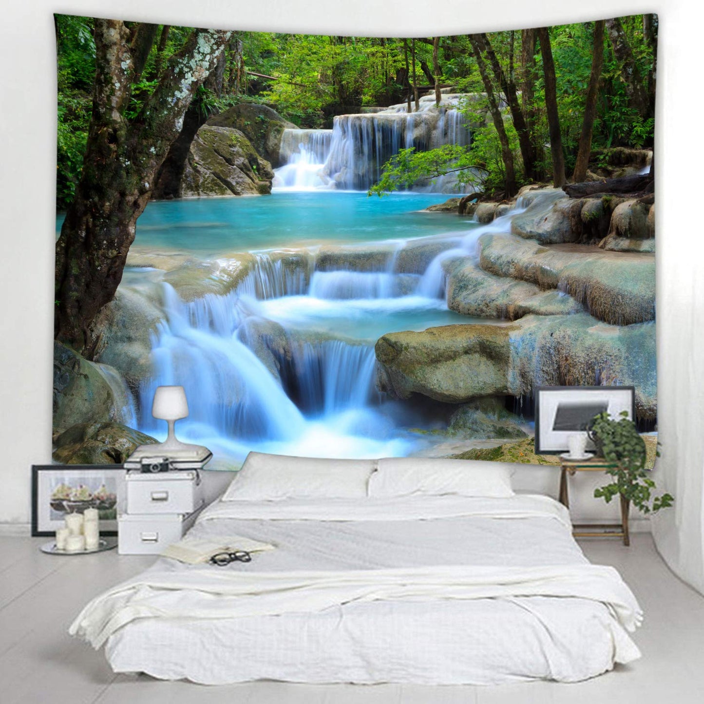 WODEJIA Forest Waterfall Fabric Tapestry Decorative Wall Art Tablecloth Bedspread Picnic Blanket Beach Throw Blanket Multifunctional for Bedroom Dormitory Living Room Hanging 79 x 59 Inches